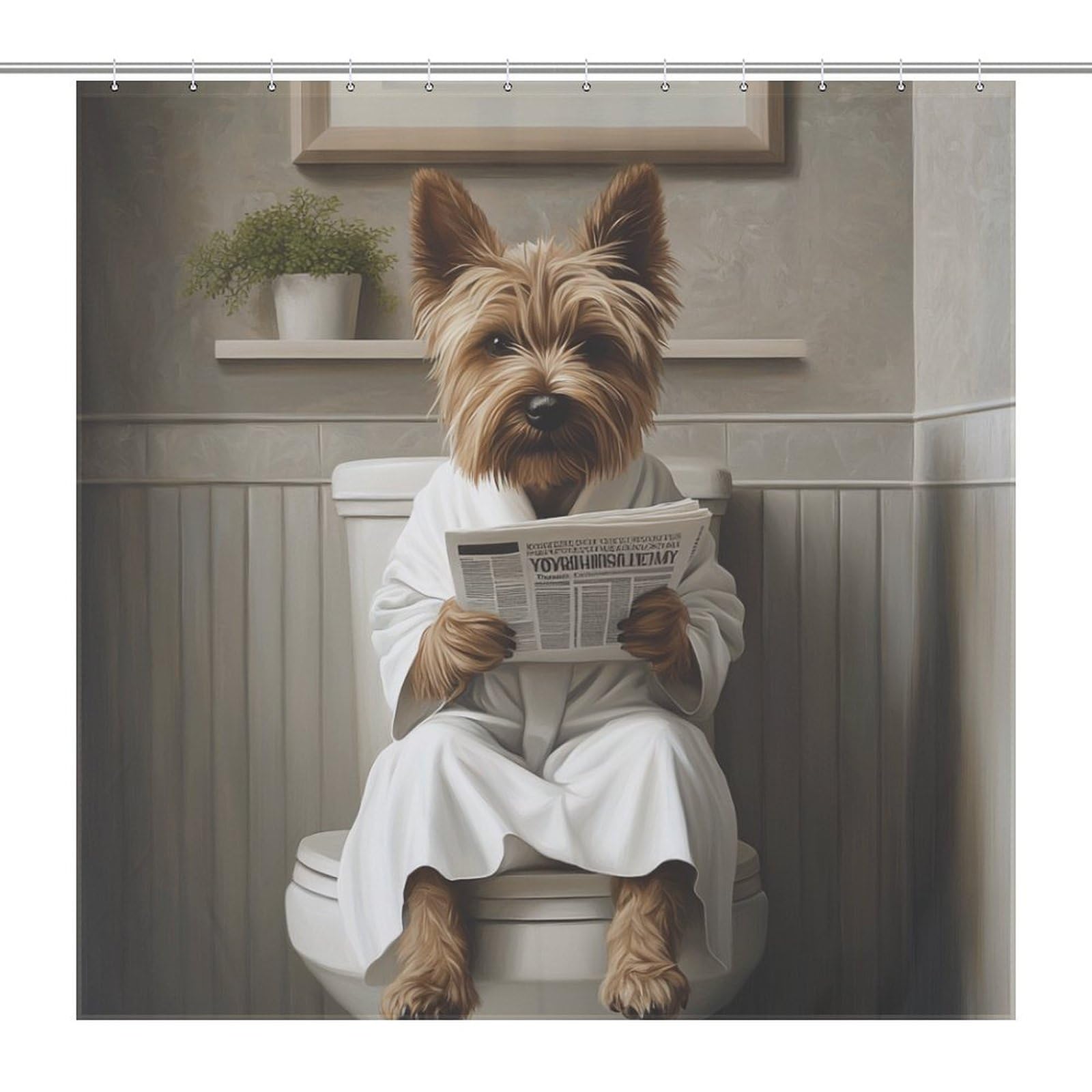 DuduYH Yorkshire Terrier Dog Reading Newspaper, Shower Curtain Funny Toilet Curtain for Bathroom Decor Waterproof Washable Bathtubs Polyester Shower