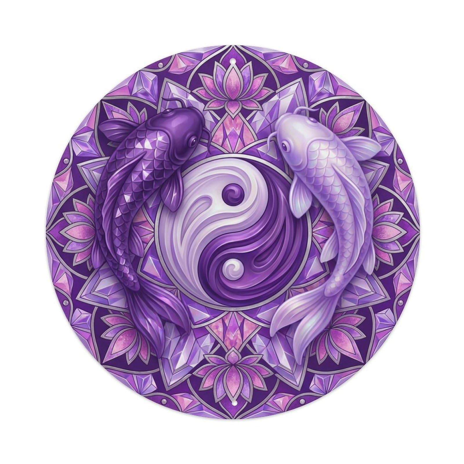 Metal Tin Sign Tai Chi Koi Fish Purple Lavender Zen