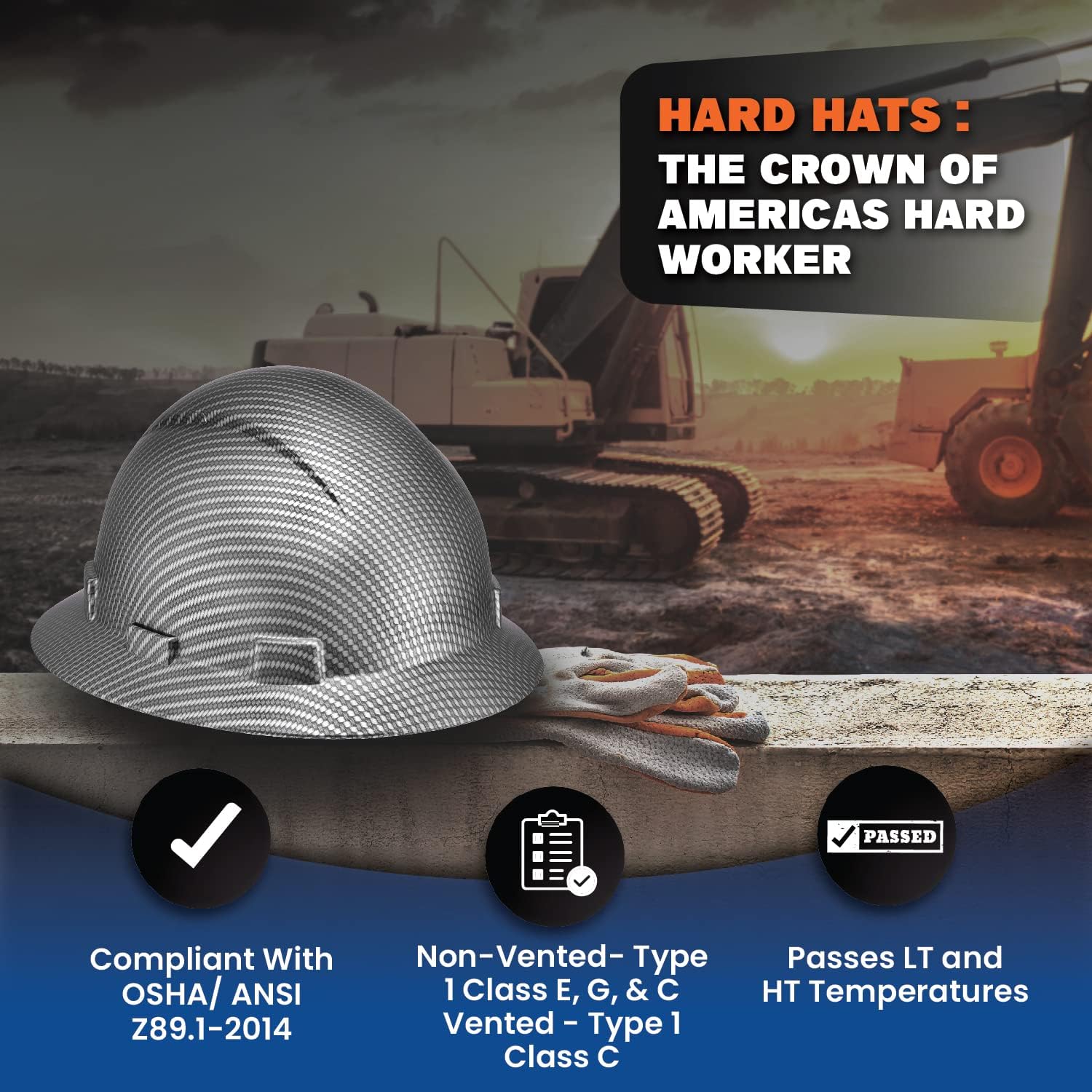Full Brim Hard Hat Vented, Class C, OSHA Construction Work Approved, Premium Carbon Fiber Design, Soft Padded 6 PT Adjustable Ratchet Suspension, Top Pad