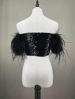 LVCOMEFF Women's Sequin Top with Feather-Trimming Sparkle
