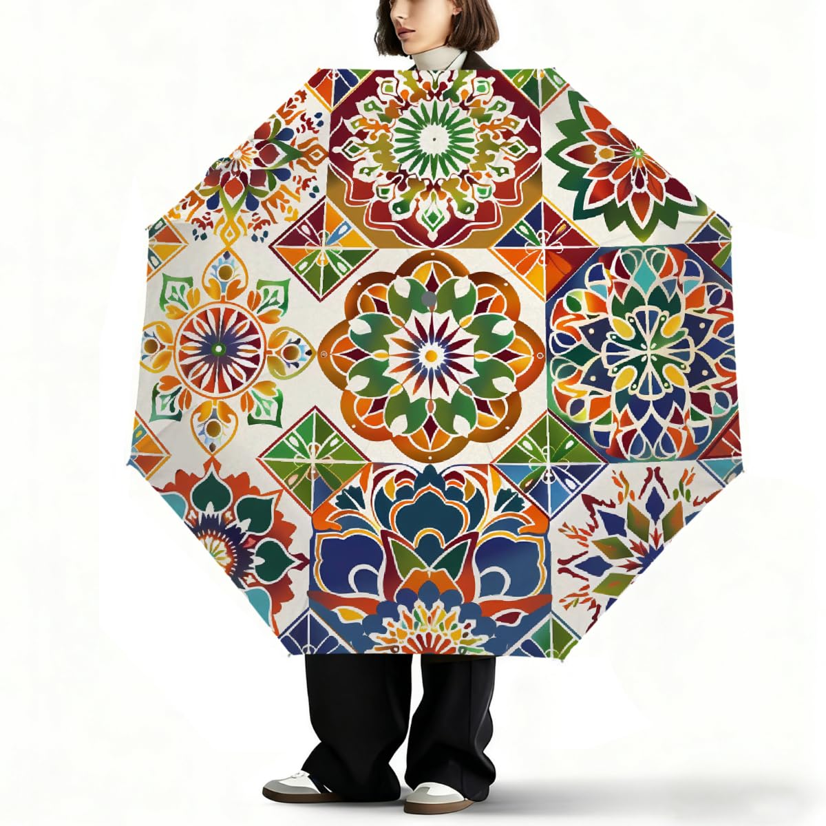 Ombrello pieghevole con motivo geometrico mandala colorato ombrello da viaggio compatto antivento impermeabile con protezione UV rivestimento nero leggero 8 coste portatile per pioggia sole