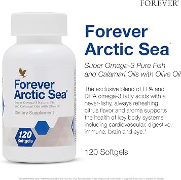 Forever Living - Arctic Sea Omega-3 - ملحق، مزيج الأحماض الدهنية EPA وDHA، يدعم صحة القلب والدماغ والعين، خالي من الغلوتين، 120 كبسولة هلامية