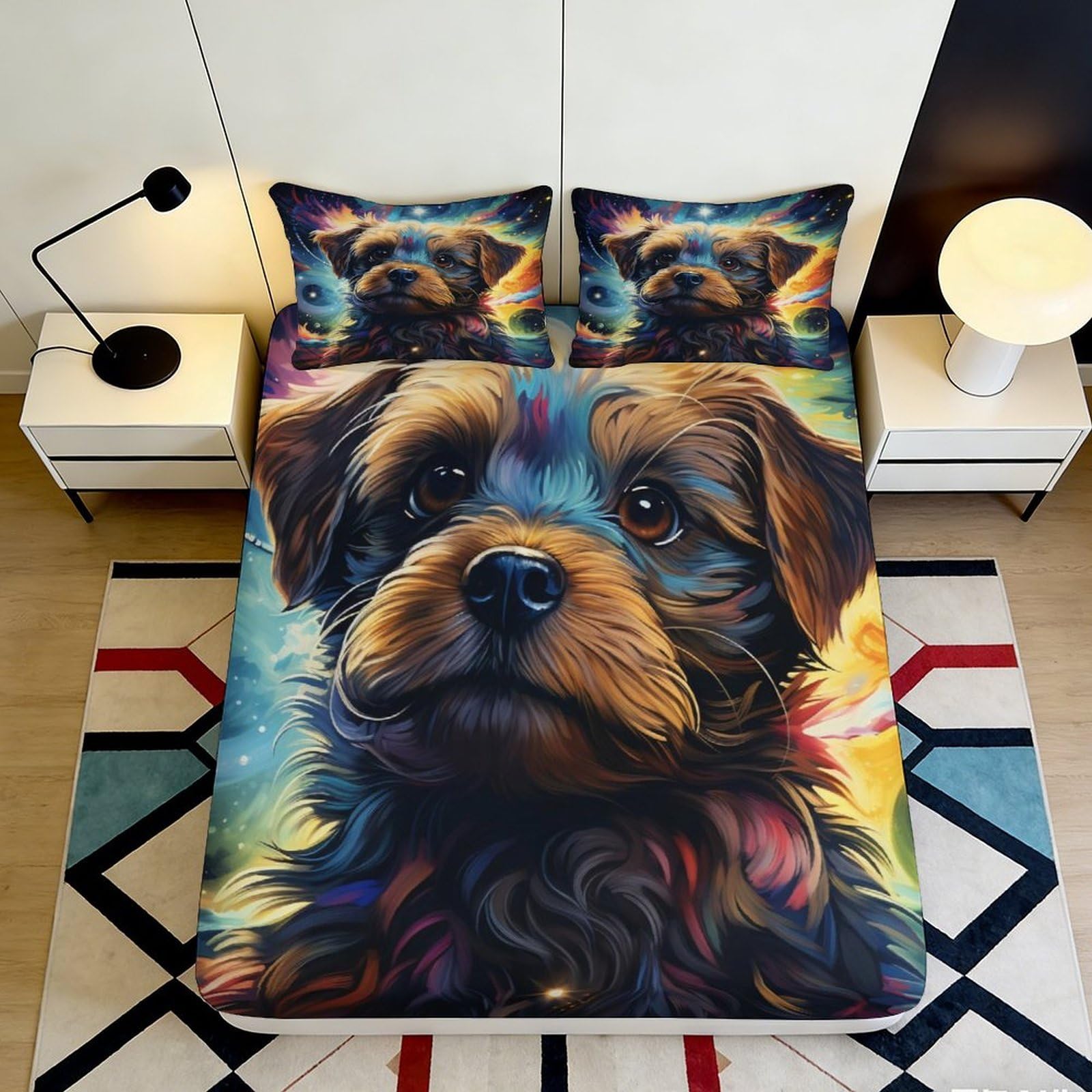 3D Printed Realistic Dog Fitted Sheet Microfiber Soft Breathable Colorful Puppy Bed Cover for Bedroom Guest Room Decor 90x200x25cm