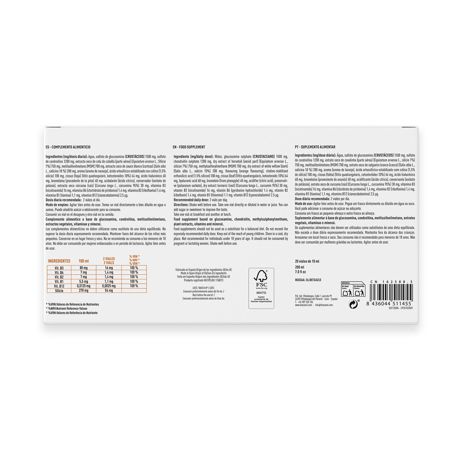 Drasanvi OSEOGEN 7G con Cissus Vitis, Condroitina, Glucosamina, MSM y Cúrcuma para Huesos, Cartílagos y Articulaciones,ayuda en la Regeneración de Tejidos Dañados, 20 Viales = 20 Días, Sabor Naranja