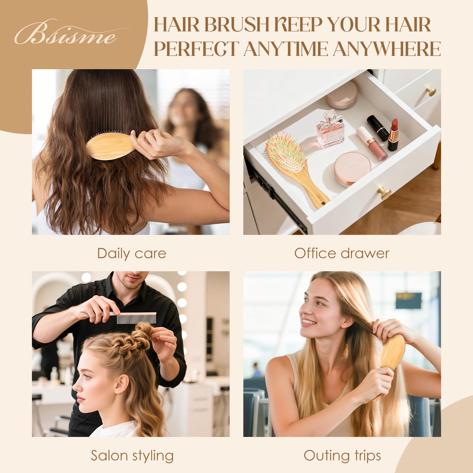 Bsisme Cepillo de pelo con cerdas de jabalí y pasadores de nailon para mujeres, hombres y niños, cepillo desenredante para cabello grueso, fino, rizado, liso, húmedo o seco, alisador, mejora el brillo