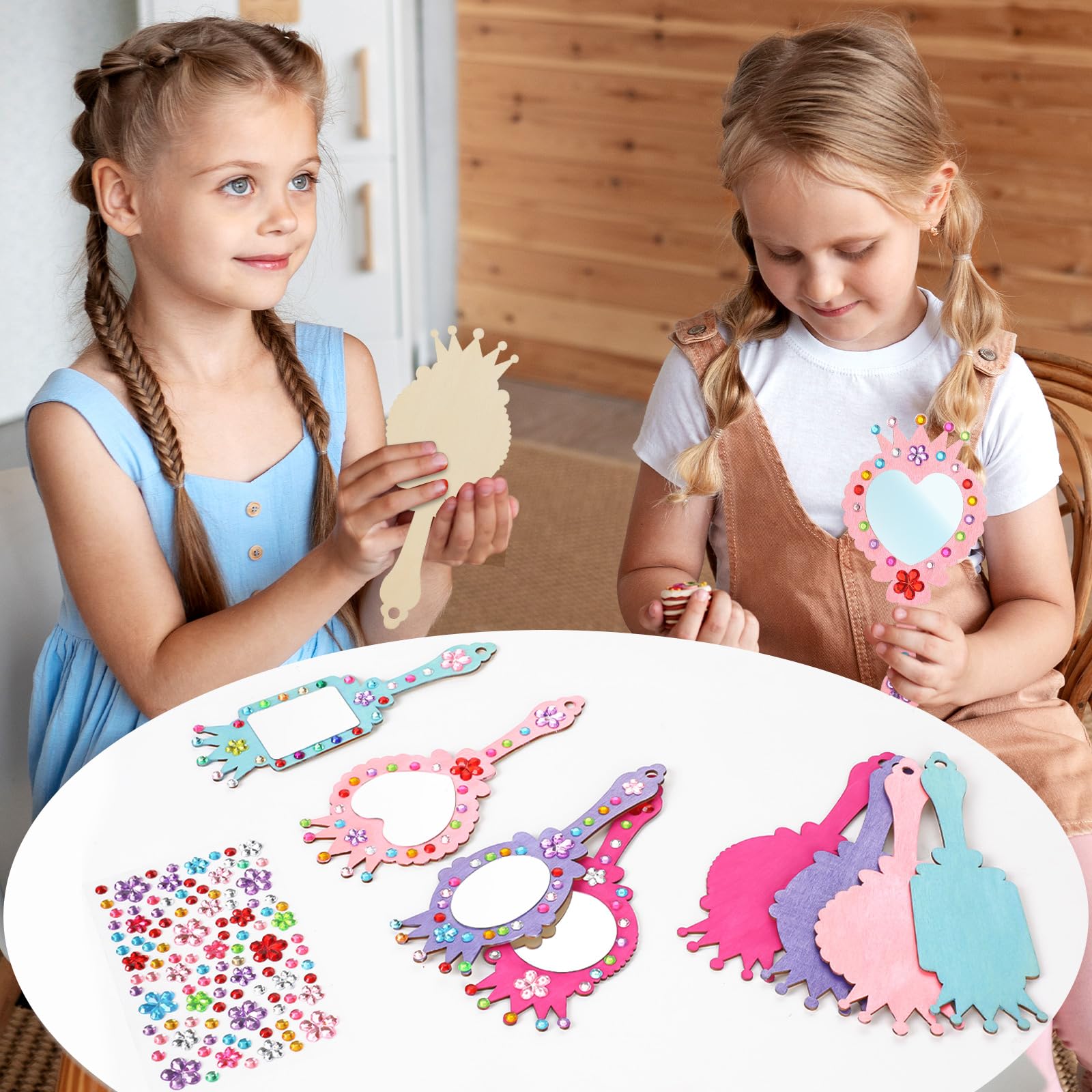 XJWWHZ 12 Pack Wooden Mirror Craft for Kids, DIY Princess Mirrors for Girls, Paint Wooden Hand Mirror for Art Activities