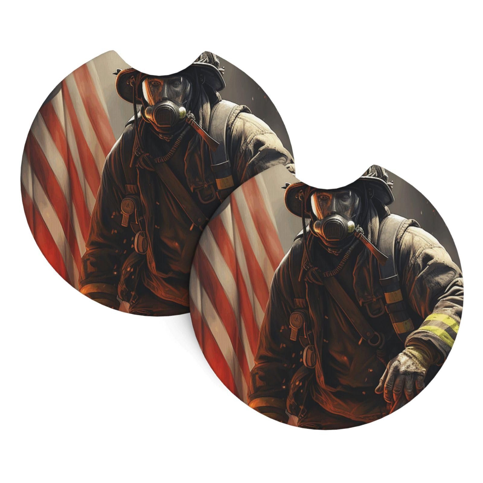 2PCS Car Coaster for Cup Holders Universal Auto Cup Mat Patriotic Firefighter Cup Coaster Pad 2.7" Waterproof Neoprene Non-Slip Cup Holder Coasters Car Interior Accessories for Women Men