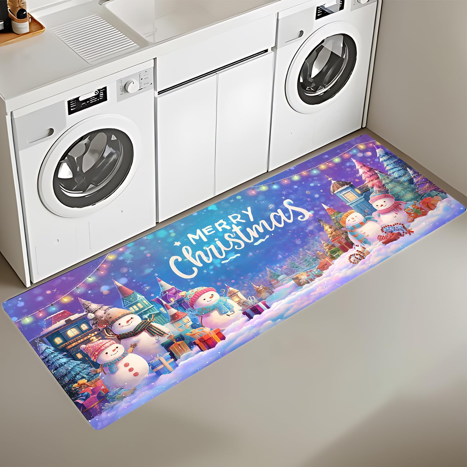 Christmas Snowman Laundry Room Rug 20x47 Inch – Non-Slip Winter Runner Mat for Laundry Room, Kitchen, Entryway Decor