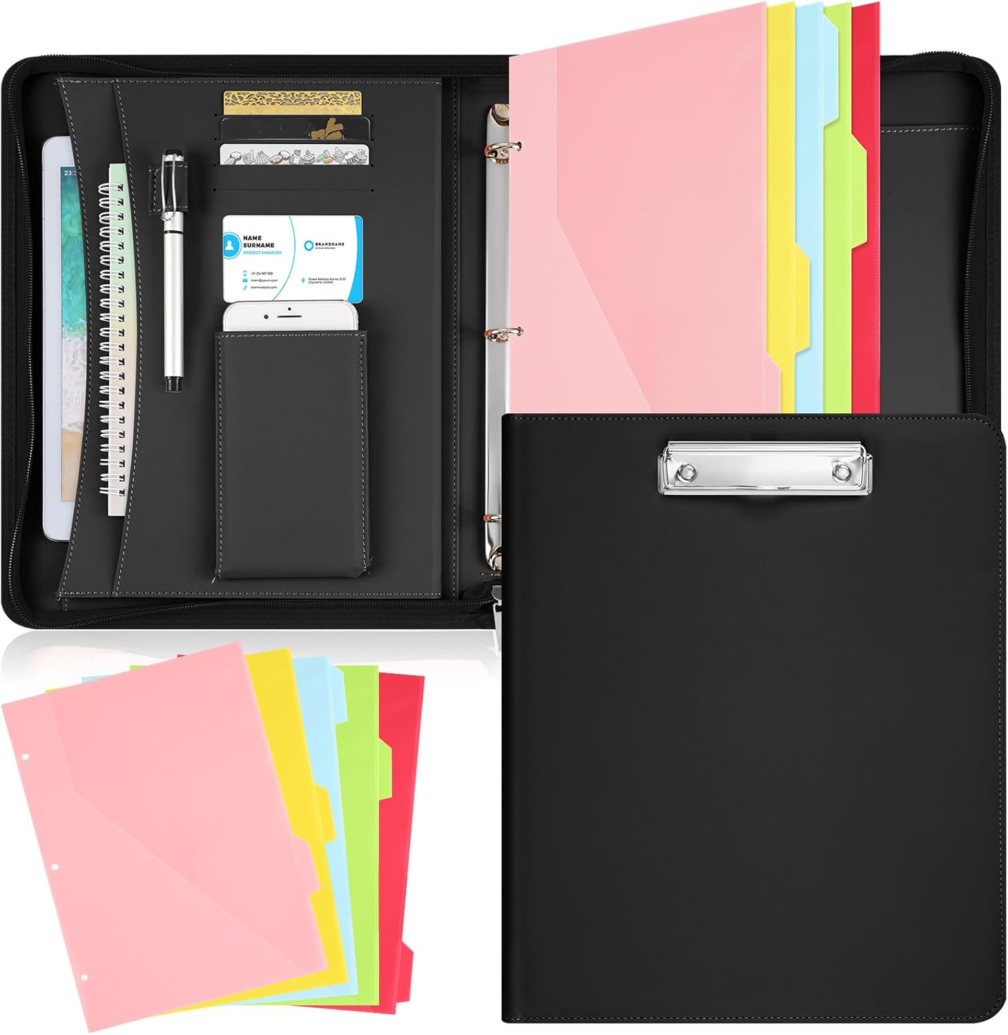 Gilprop Portfolio Binder Padfolio for Women Men Organizer with Zipper Leather Portfolio with 3 Ring Binder and 5 Folder Divider Pages for Tablet, Resume, Documents, Business Cards
