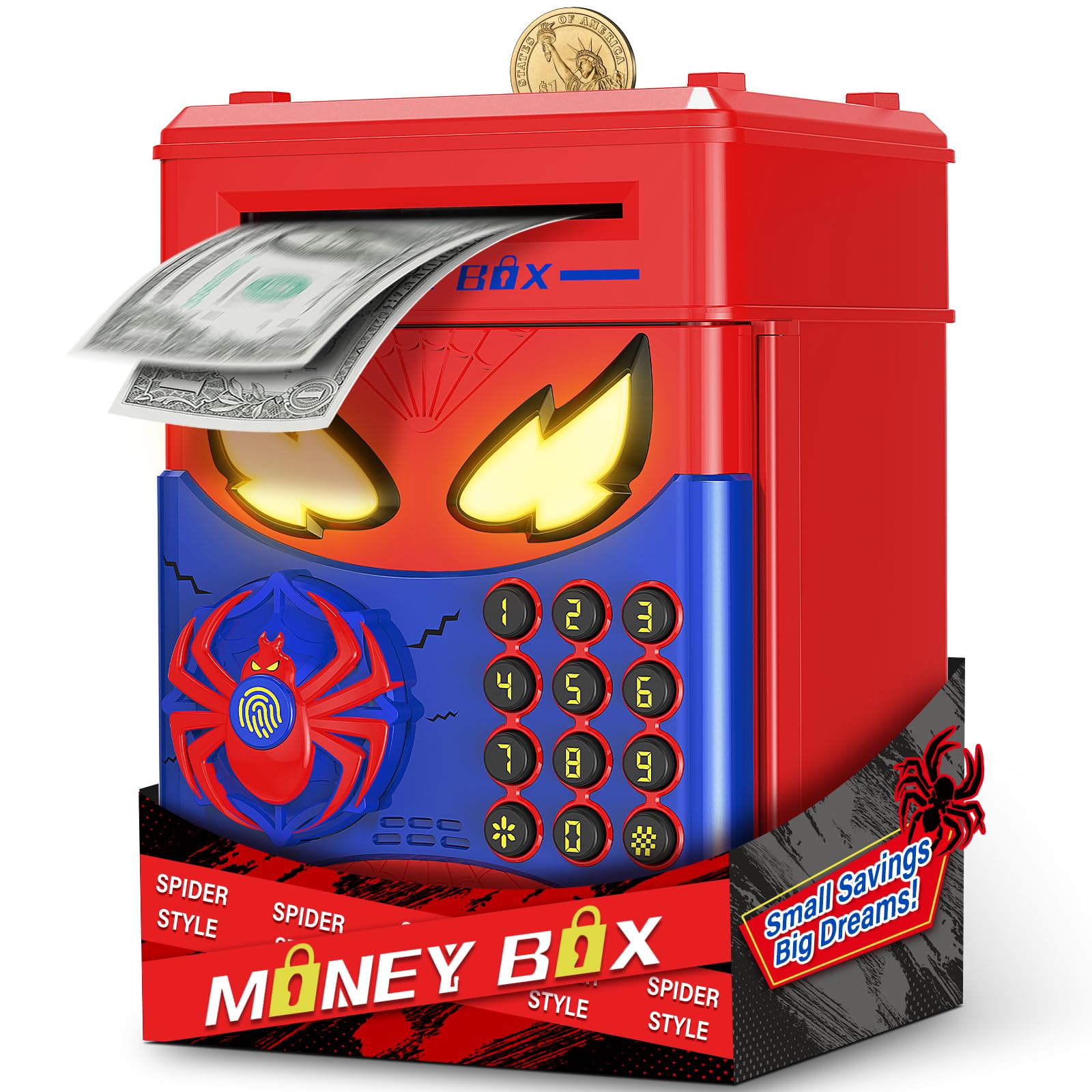 Salvadanaio Bambini - Salvadanaio Elettronico Cassaforte Spider con Impronta Digitale e Codice, Regalo Gioco Educativo Bambini 3 4 5 6 7 8 10 12 Anni