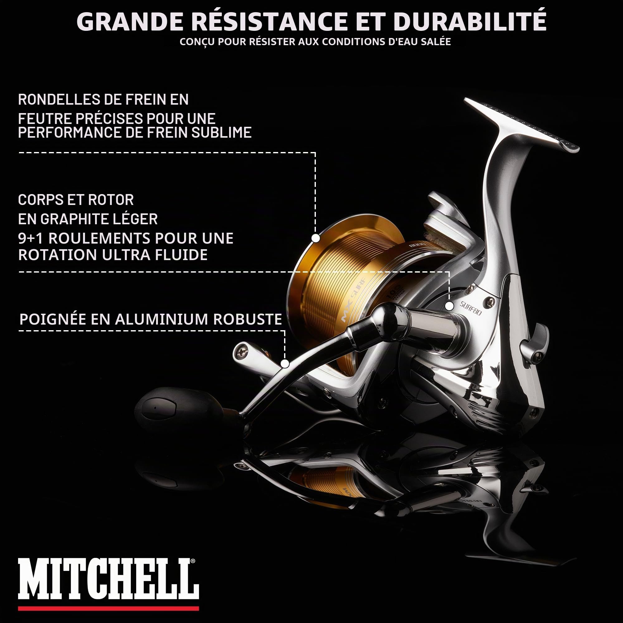 Mitchell Moulinet MX Surf en Eau salée – Moulinet de pêche en mer léger et Robuste avec Rotation Fluide 10 roulements pour Le Surf, la Plage, Le Bateau, Le Rivage, Le Jigging, et Une Utilisation