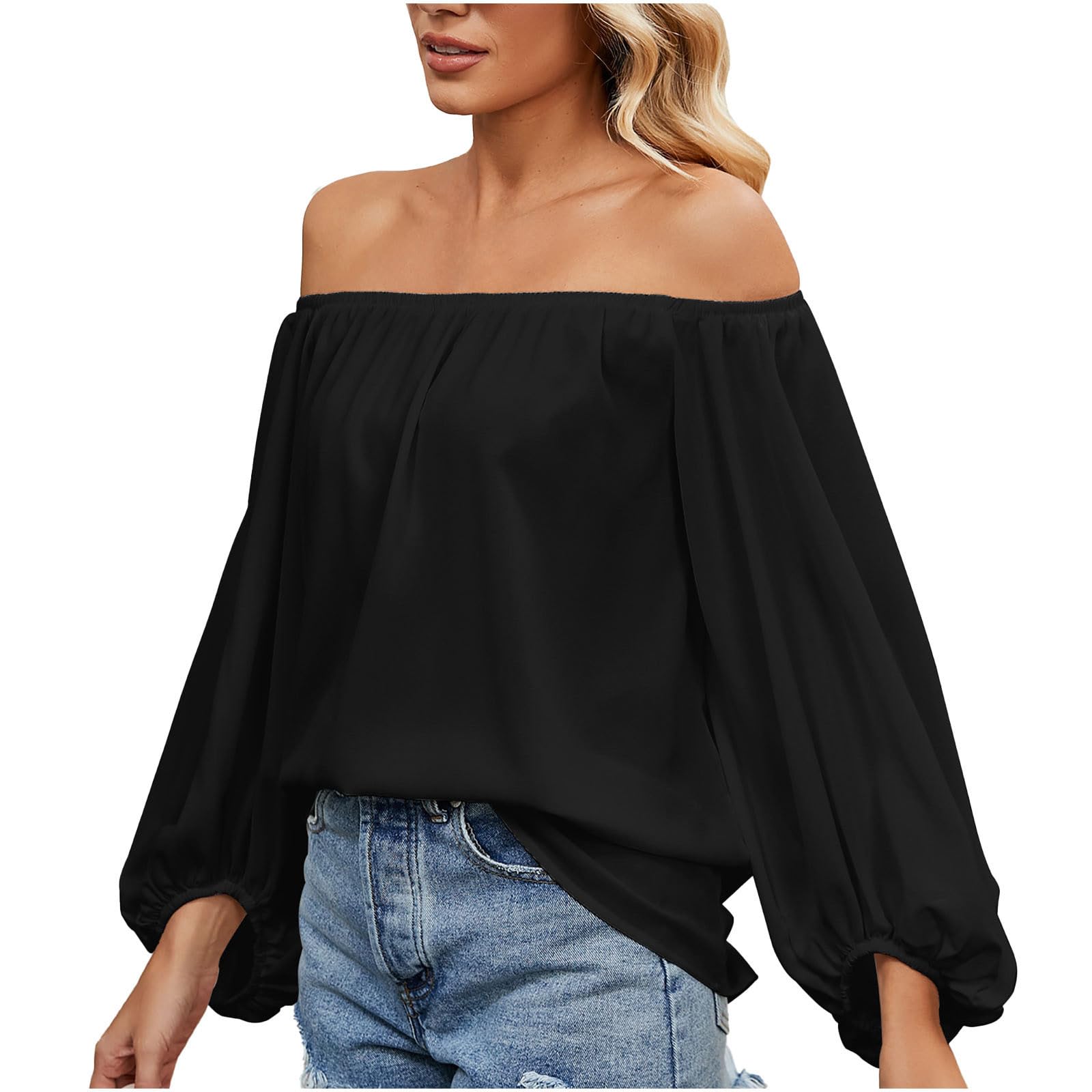 ZEZKT Blusas de Gasa para Mujer Blusas de Manga Larga con Hombros Descubiertos Blusas de Gasa con Hombros Descubiertos Blusas de Gasa con Hombros Descubiertos Blusas de Gasa para Mujer Primavera/Otoño