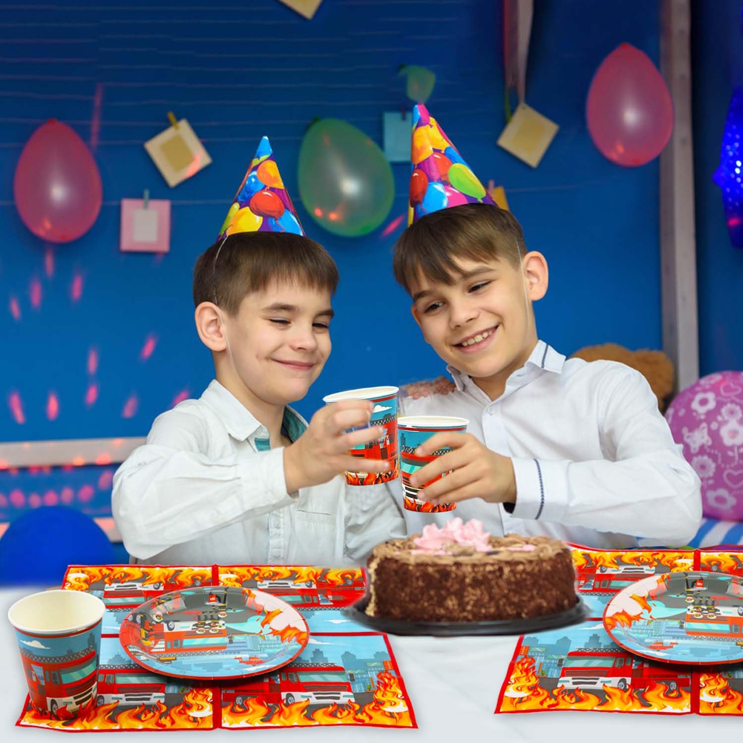 Pompiers Vaisselle,Décoration Anniversaire Pompiers,Kit Vaisselle De Fête Pompiers,Nappe,Bannières,Assiette,Deco Anniversaire