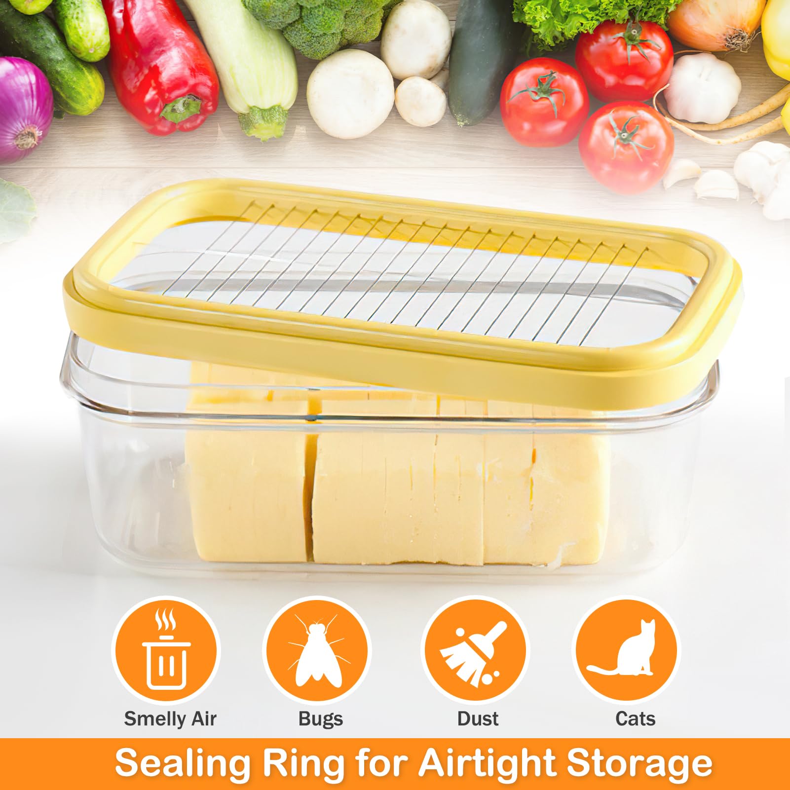 Butter Slicer Cutter Dish, Fridge Kitchen Baking Butter Dish, with Lid and 304 Stainless Steel Cutting Net Butter Container, for 2 Small Butter