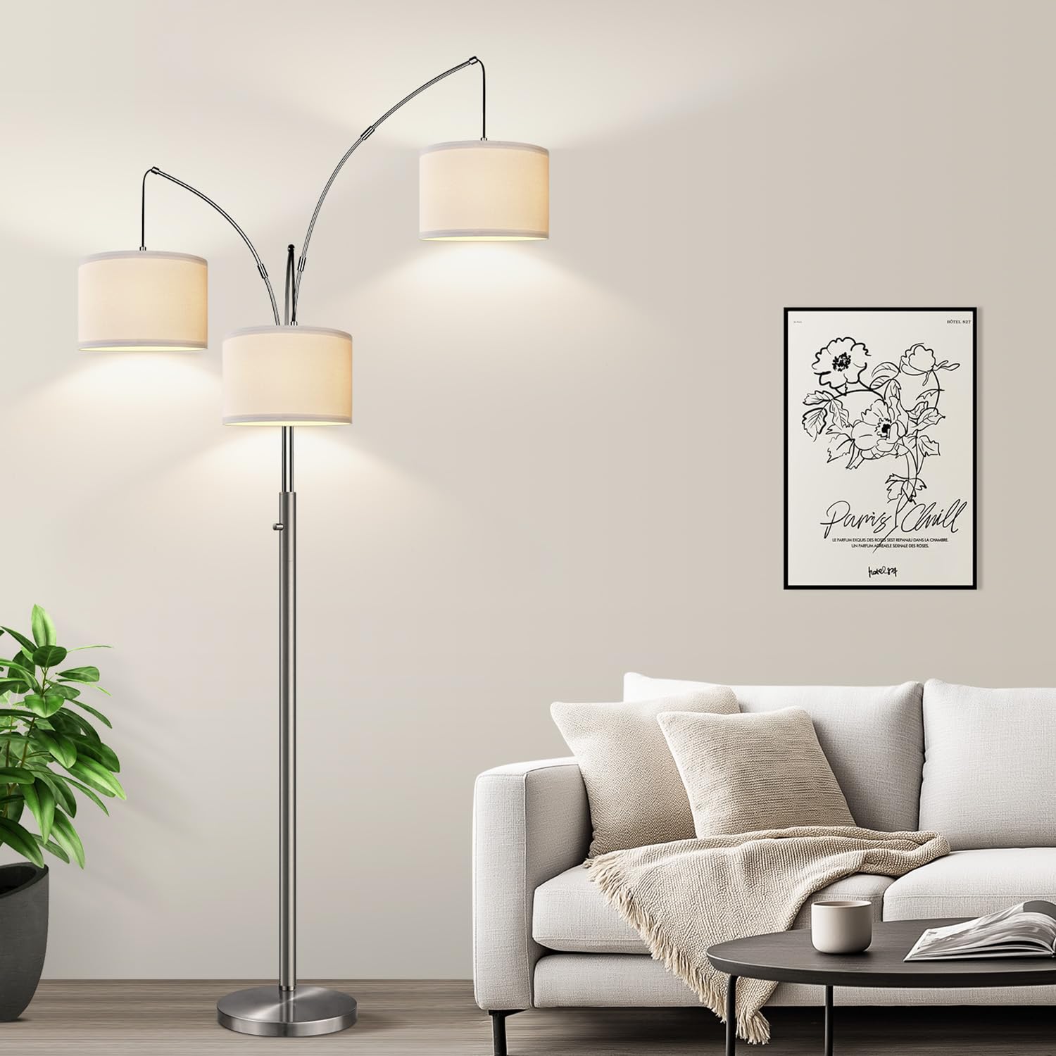 Photo 1 of Nintiue Arc Floor Lamp, 80" 3-Light, Brushed Nickel, White Linen Shades
