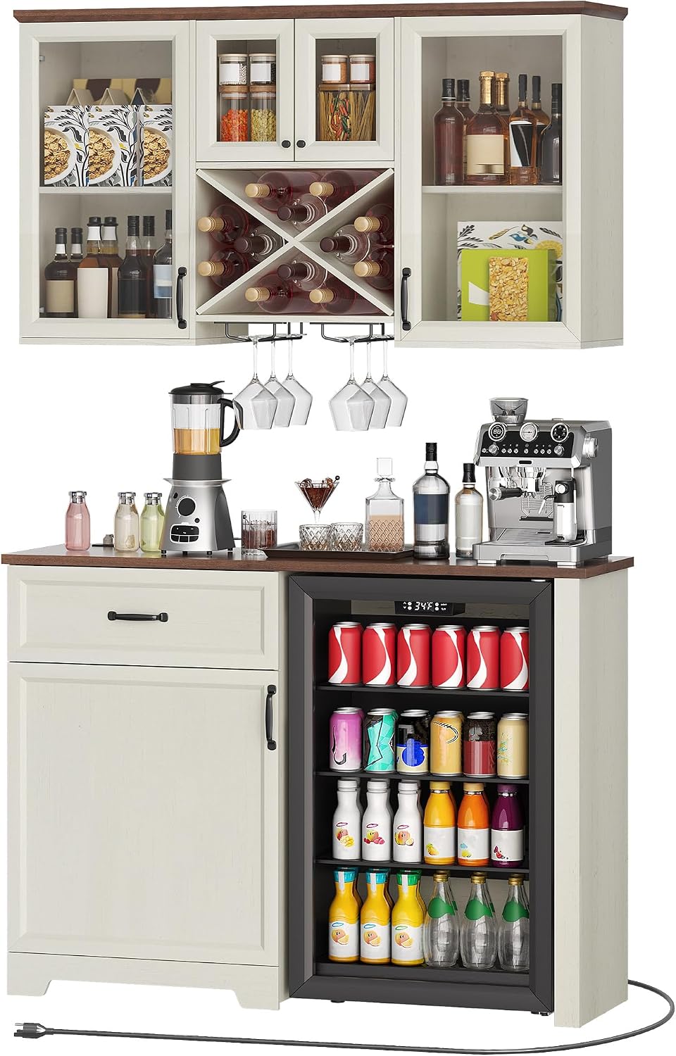DWVO Coffee Bar Cabinet with Mini Fridge Space Storage & Charge Station, Wall-Mounted Kitchen Pantry Cabinets with Glass Doors & Wine Storage & Glass Racks for Home Living Dining Room, White Walnut