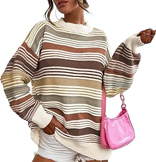 Womens Contrast Striped Sweater Rainbow Cable Knit Pullover Oversized Cr...