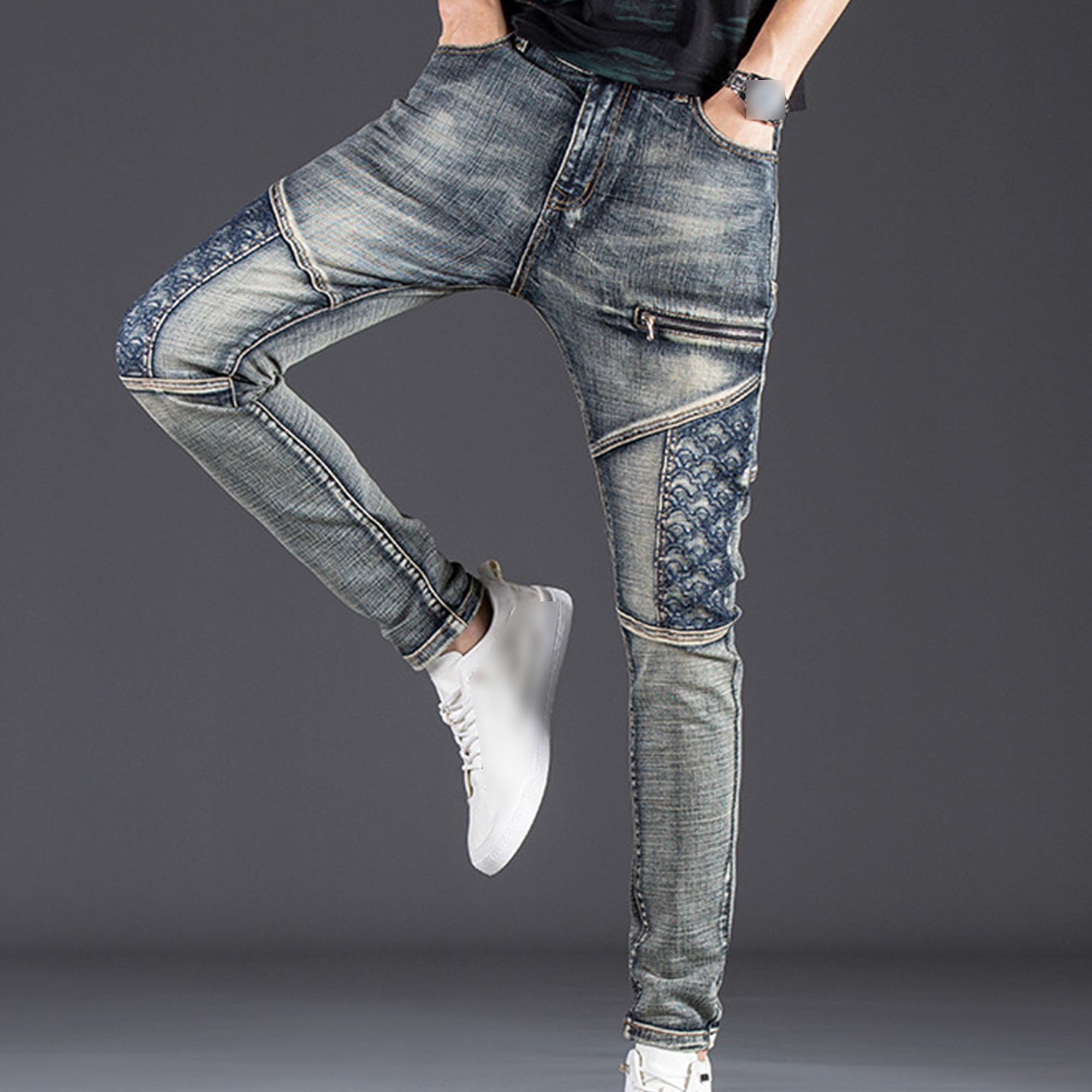Jeans da uomo slim fit patchwork casual dritto stampato jeans elasticizzati skinny pantaloni regolari per gli uomini