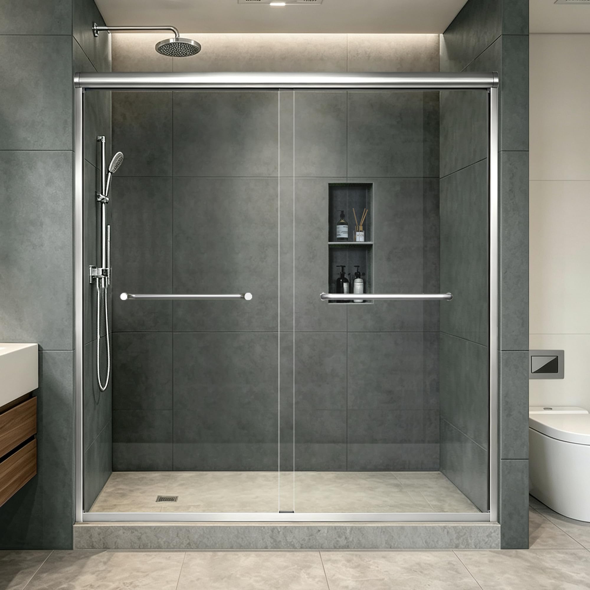 Double Sliding Shower Door 61-61-66" W x 70" H, Chrome Finish, Bypass Shower Door, Clear Glass, Framed, 1/4" (6mm) Tempered Glass