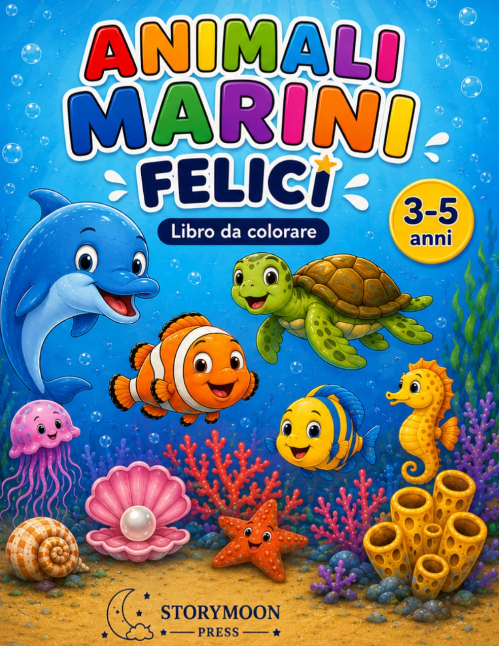 ANIMALI MARINI FELICI: Libro da colorare per bambini 3-5 anni • Scopri e colora pesci, conchiglie, coralli e tanti amici del mare (StoryMoon Colora e Impara)