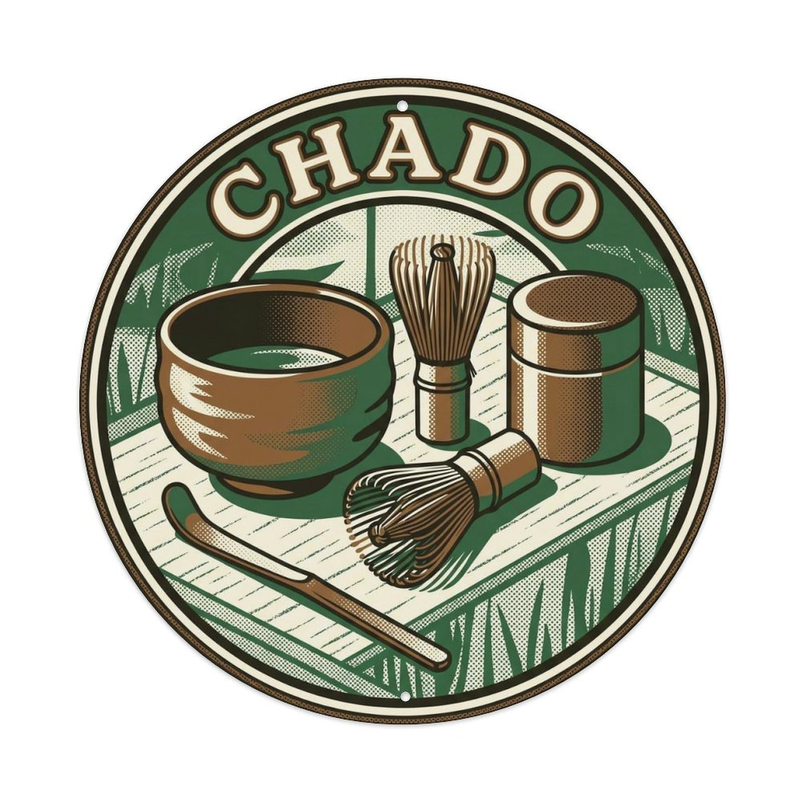 Olyhtr 8X8inch Classic Style Chado Tea Tools Arrangement Showa Green Brown Metal Tin Sign