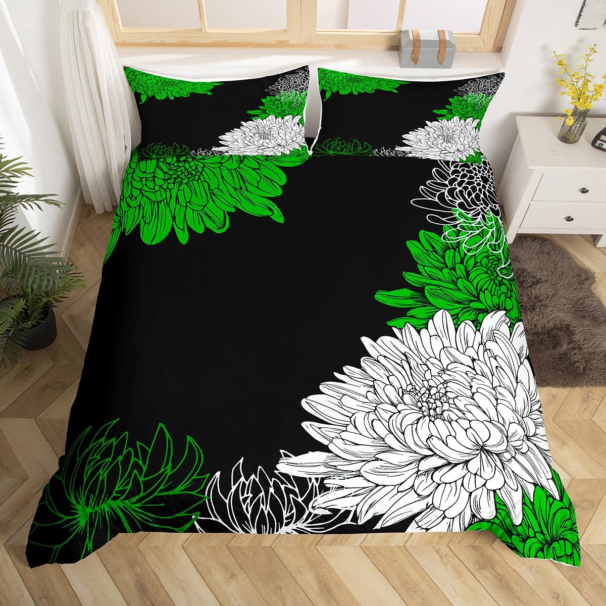 Botanical Floral Duvet Cover King Size,Green Black Floral Comforter Cover with 2 Pillowcase for Teens Adults,Kids Abstract Flowers Bedding Set,Aesthetic Vintage Breathable 3 Pcs Decorative Bed Cover — image 1