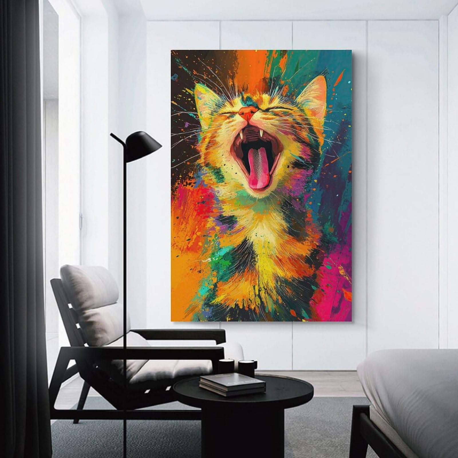 Junmoney Yawning Cat in Splatter Art Room Decor Wall Art 24x36inch(60x90cm), for Entrance Spaces, Stair Walls Or Halls, A Neat Decor Update for Hallways