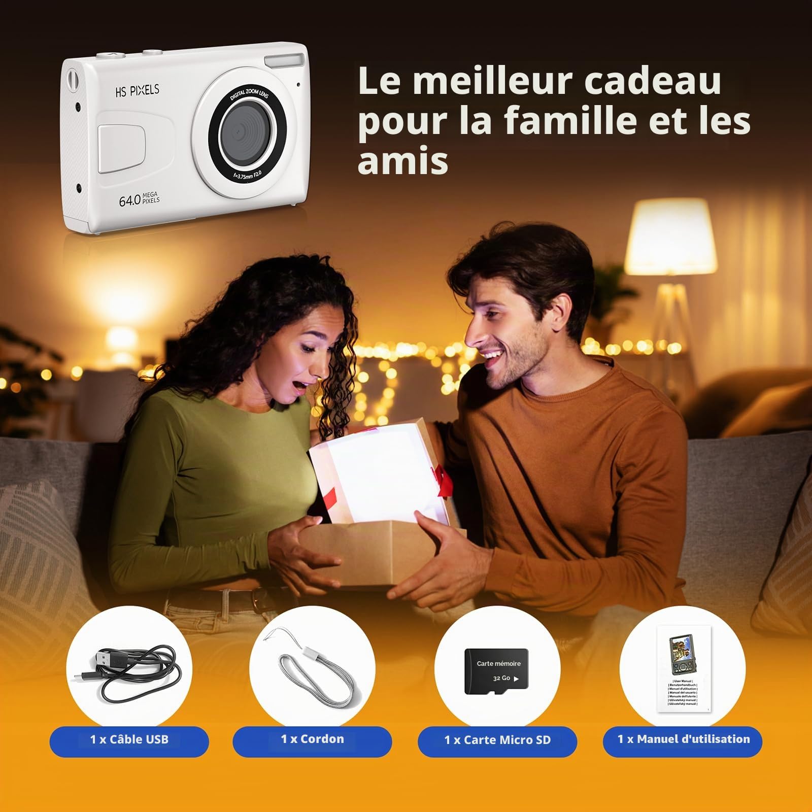 Appareil Photo numérique CCN, 64MP 1080P FHD Appareil Photo avec écran 3,0", Zoom numérique 18X Appareil Photo Compact Portable avec Carte TF 32GB, câble USB, pour Adolescents Enfants Adultes, Blanc