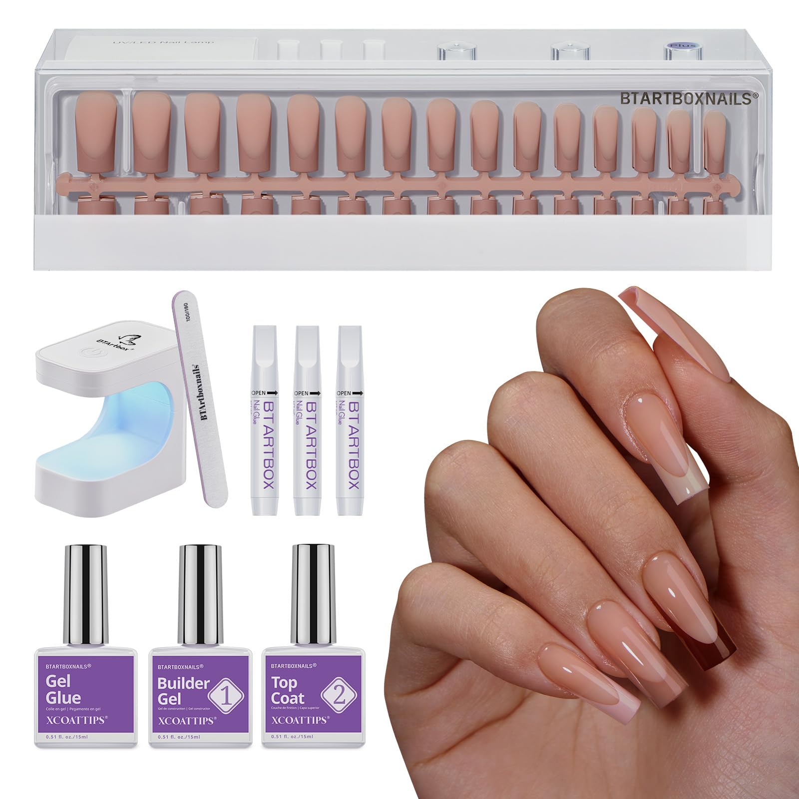 BTArtboxnails XCOATTIPS Nails Press Ons - Skin Tones Press on Nails Square, Long Soft Gel Nail Tips with Nail Gel, French Protecting Duo, Nail Lamp, All in One Fake Nail Extension Kit