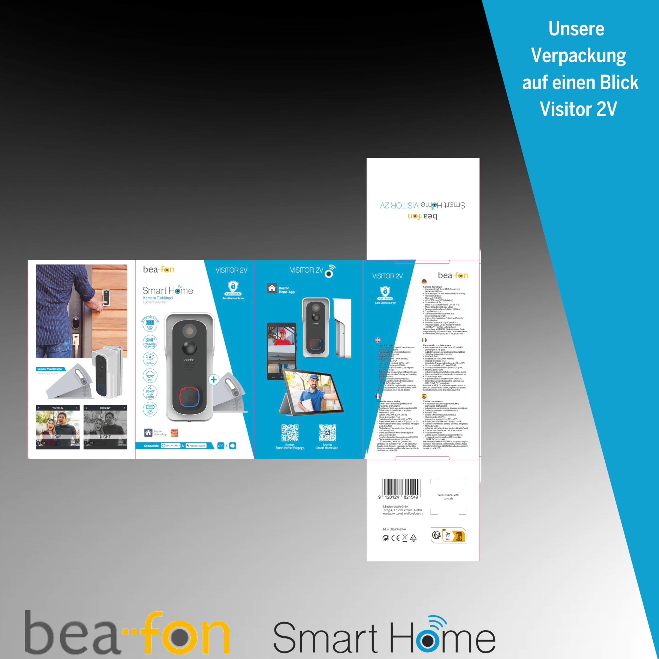 Beafon, Smart Home, Visitor 2V, Outdoor Videotürklingel mit Glocke und Winkel, Türklingel kabellos, Kamera Full HD 3 MP, 2,4G WiFi, Schutzklasse IP 54, autom. Alarmauslöser, Echtzeitvideos,