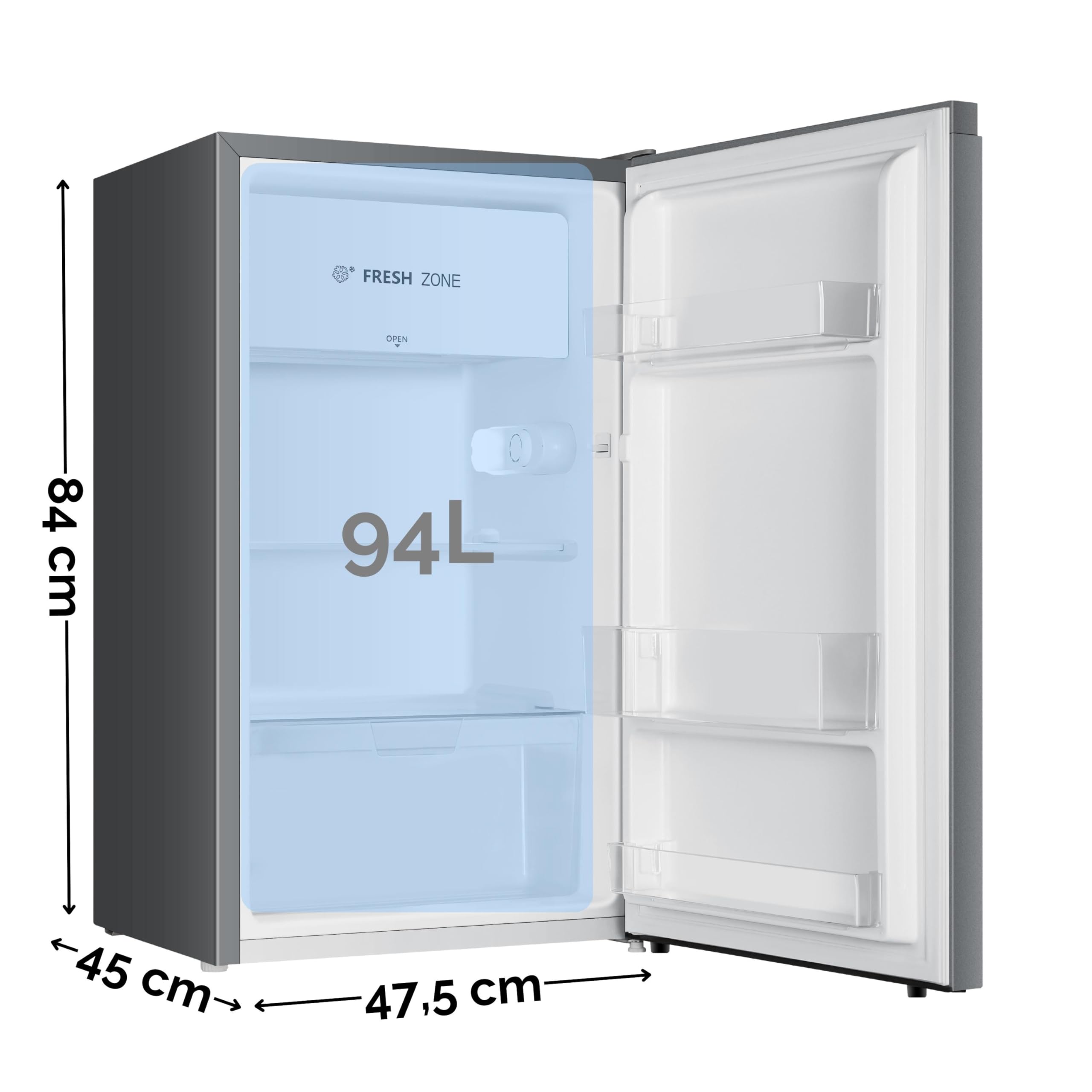 YUNA Kühlschrank SEREBRO E 94L Vollraumkühlschrank 84 cm 86 kWh/Jahr Türanschlag wechselbar 36 dB Silbern