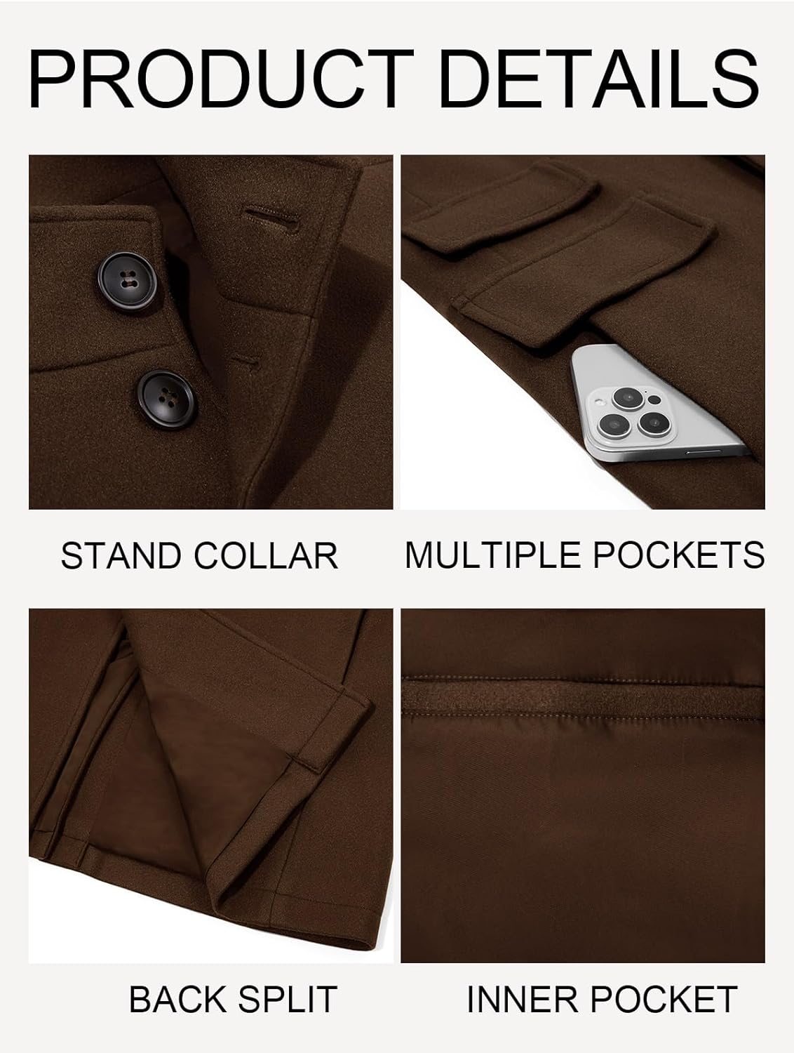 Runcati Mens Pea Coats Single Breasted Stand Collar Casual Slim Fit Trench Coat Mid Long Winter Overcoat with Pockets - Image 5