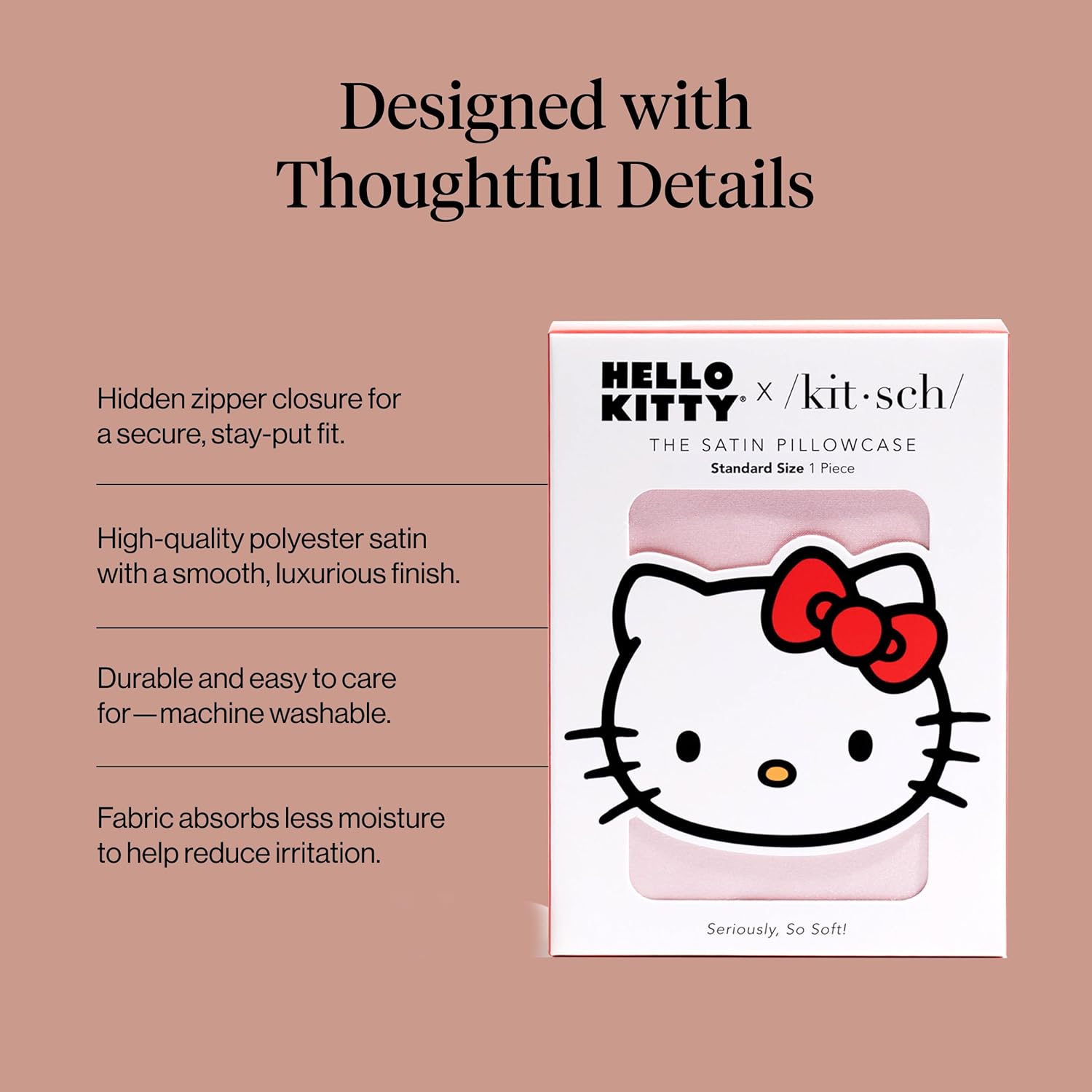 Kitsch x Hello Kitty Pillow Case – Solid Pink Kitty Face Toddler Bed Time Satin Pillowcase with Zipper – Soft Cooling Pillow Cover for Hair & Skin – Better Than Silk Pillowcase – Queen/Standard 19x26 - Image 3