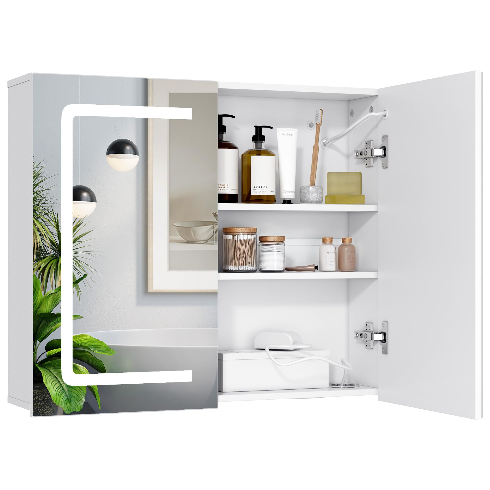 Armoire de Salle de Bains avec Miroir et Éclairage LED Dimmable, Capteur Tactile, Prise Électrique, Étagères Réglables, Double Porte en MDF de Haute Qualité, Blanc (60 x 70 cm)
