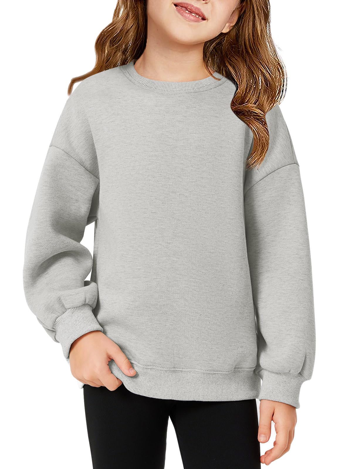 Haloumoning Sweat-shirt fille col rond surdimensionné pull enfant léger sport manches longues couleur unie basique hauts à manches longues 5-14 ans