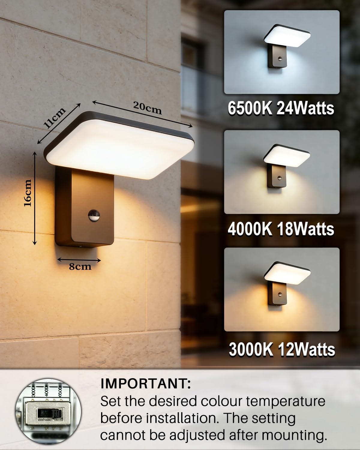 EBION LED Aplique Pared Exterior con Sensor de Movimiento,IP65,3000K-6500K | Lampara de pared con Panel Giratorio de 350°, Moderna de Aluminio Aplique Exterior Interior para Jardín Porches,Entradas