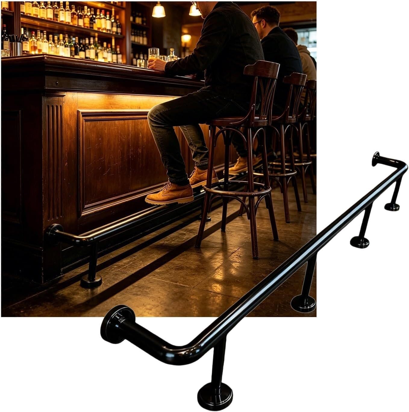 Hgouhk Black Bar Foot Rail Kit 3.28~16.4Ft Bar Foot Rail Kit，Stainless Steel Brackets For Restaurant Kitchen Library Counter(Schwarz,3.8M/12.47Ft)