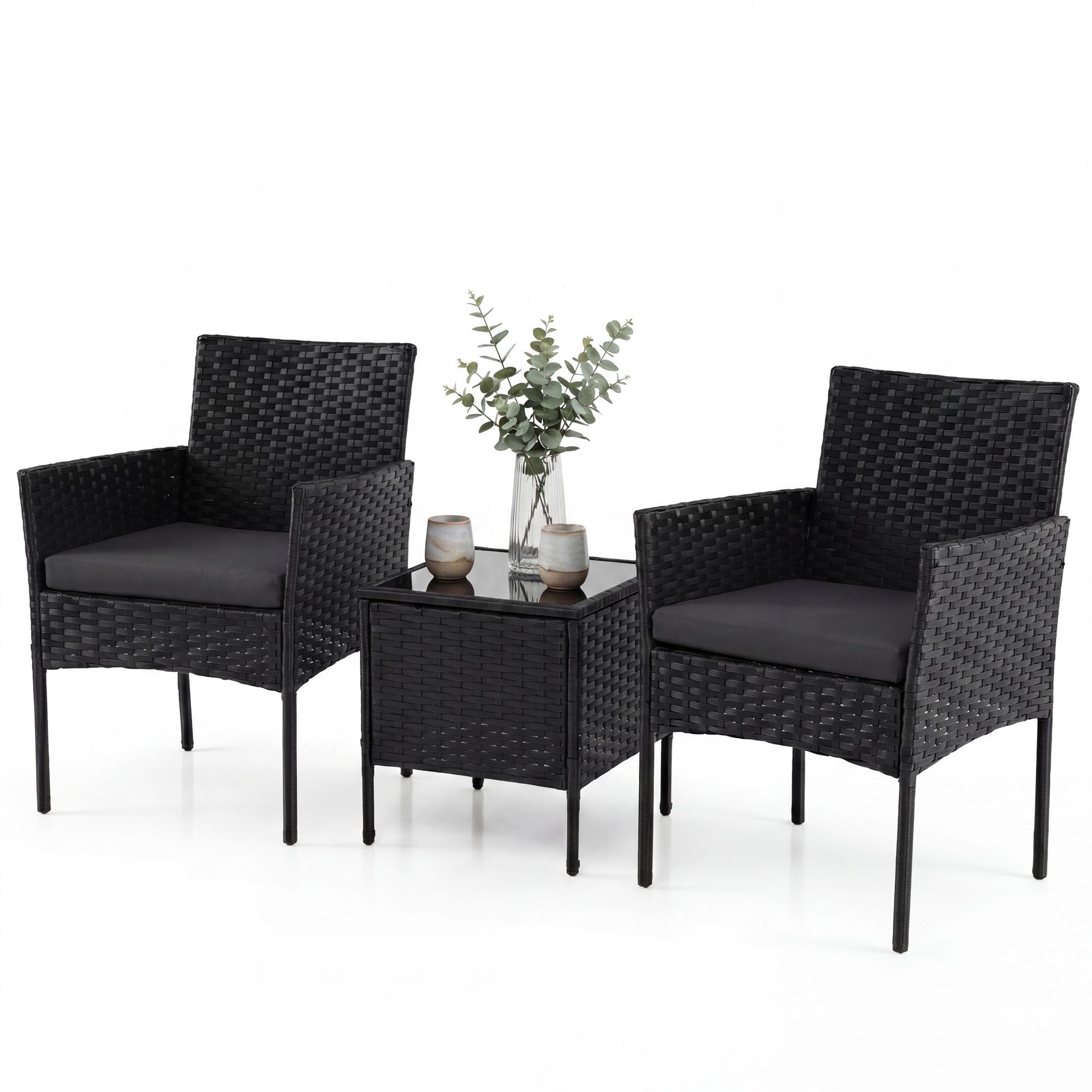LIFEZEAL Set Mobili da Giardino in Rattan 2 Posti, Salotto da Giardino Esterno con 2 Poltrone, Cuscini Rimovibili, Tavolino da Caffè in Vetro Temprato, per Terrazza e Cortile (Cuscino Grigio)