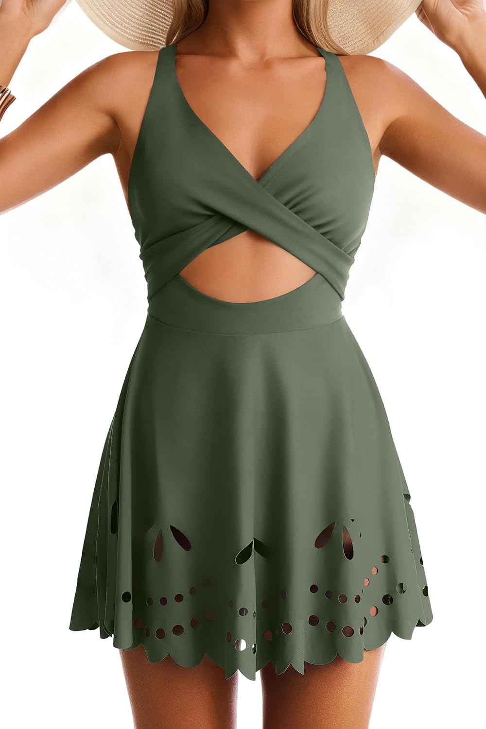 Women's Cutout One Piece Swimdress Tummy Control Swim Dresses Bathing Suit Wrap V Neck Swimwear