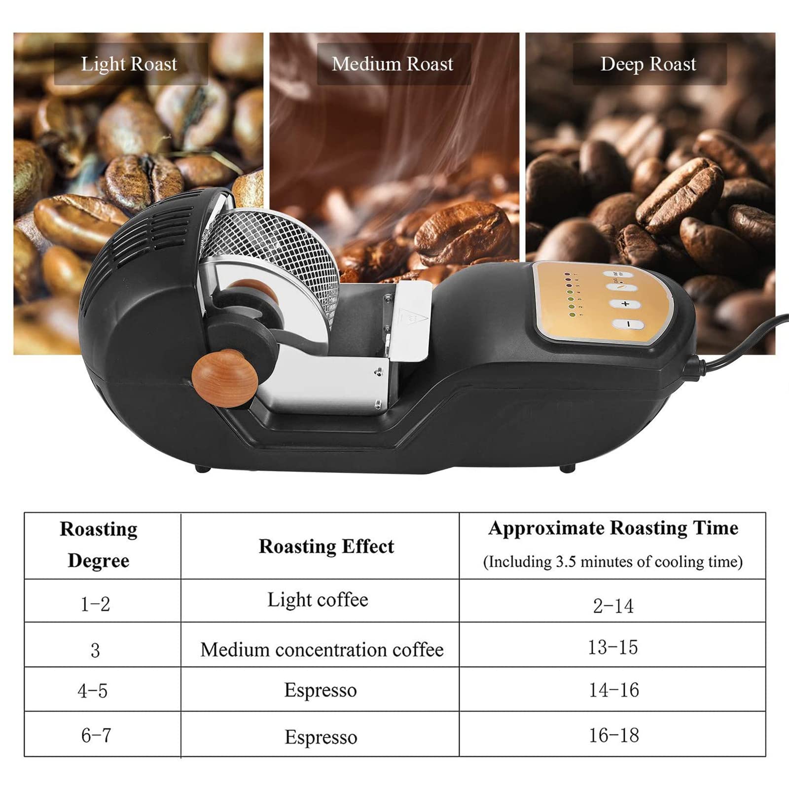 Máquina tostadora de café, máquina tostadora de Granos de café de Aire Caliente de 300 g, horneado y enfriamiento automático, Equipo de horneado 1-7 Ajustable para Hornear Granos de café Uso domésti