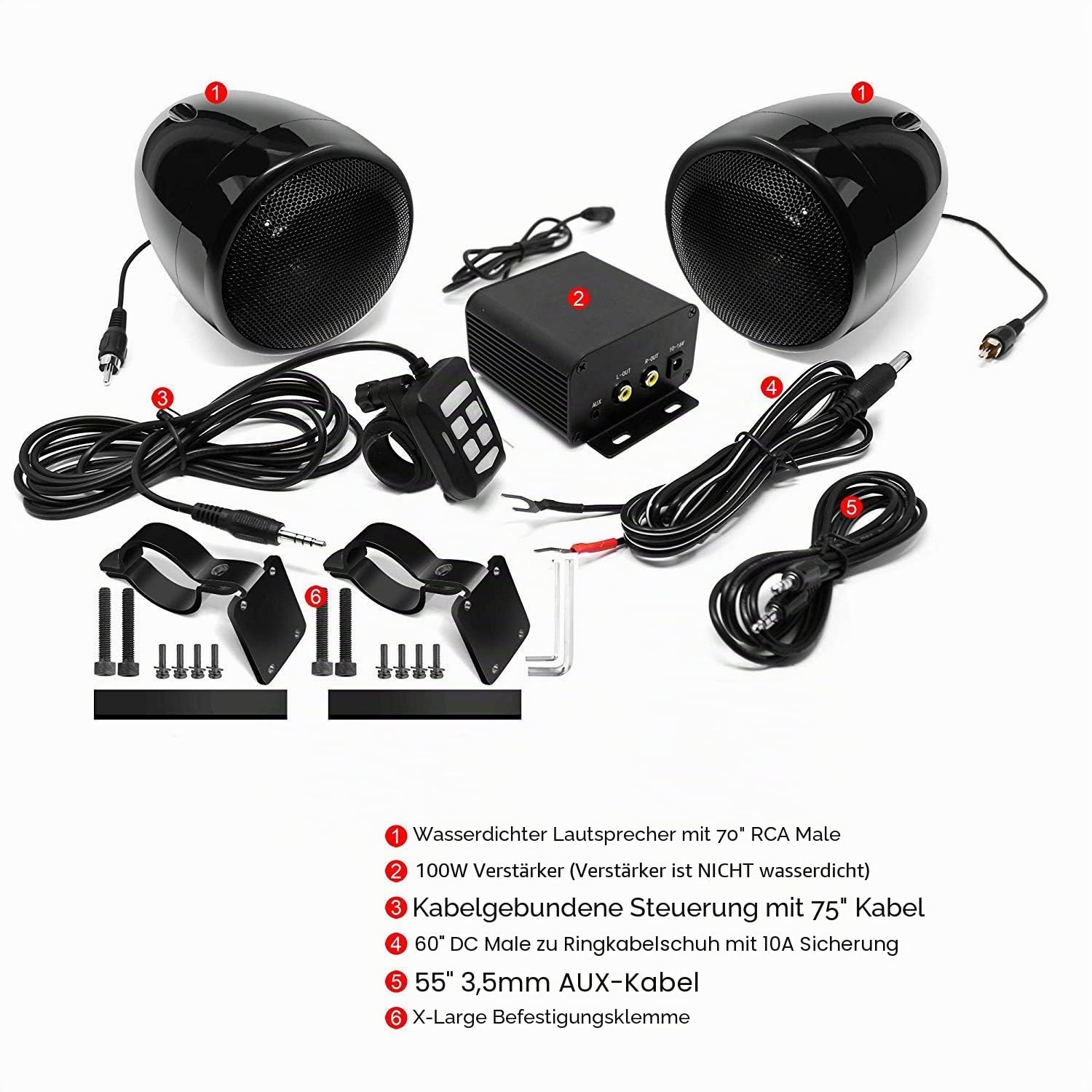 M150 Motorrad Verstärker Audio System mit AUX, MP3, FM Radio, 4 Zoll wasserdichte Bluetooth Stereo Lautsprecher, Fit für 1 zu 1,5 in. Lenker Motorräder ATV UTV RZR (Schwarz, Net)