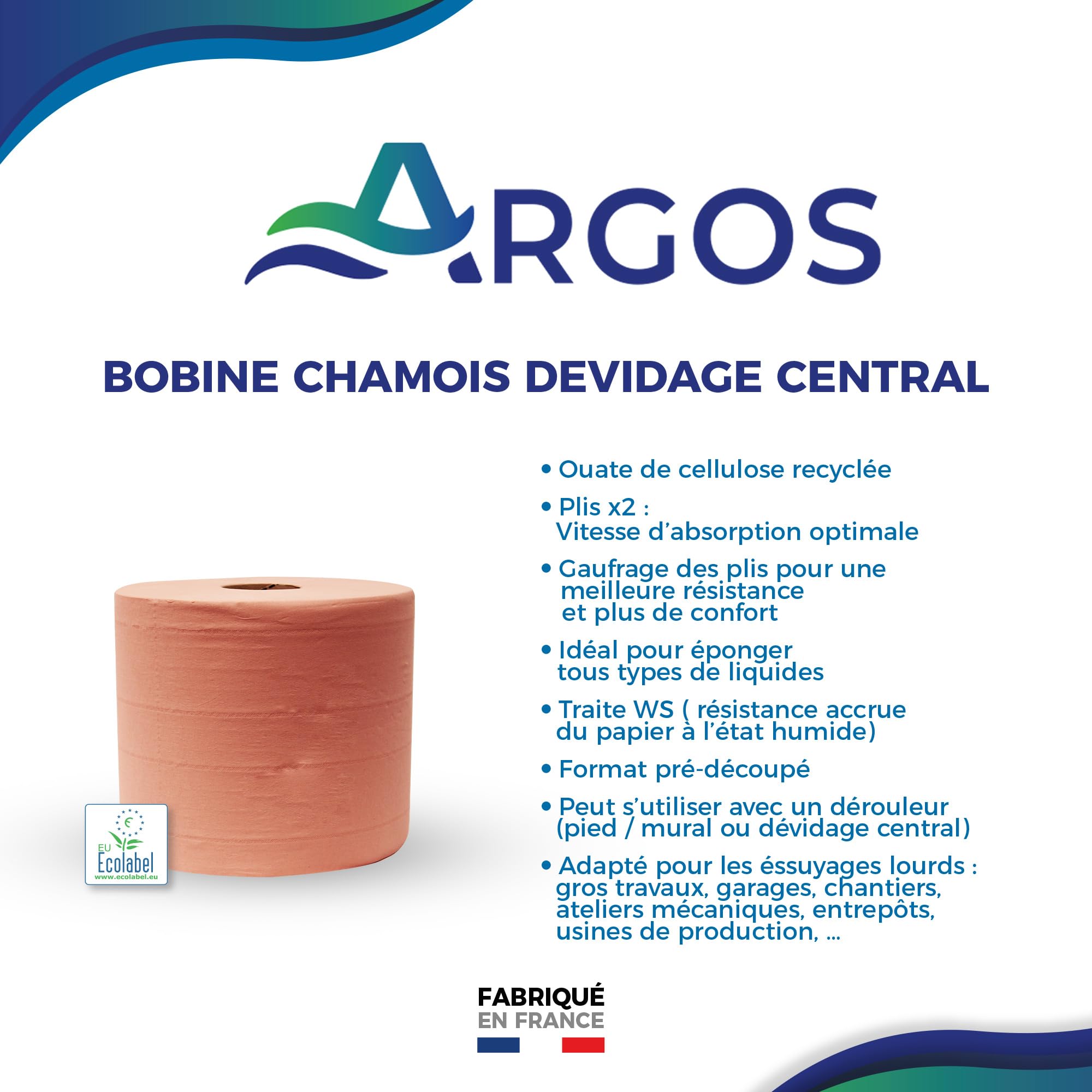 ARGOS - Bobine chamois - Cellulose recyclée - Absorption optimal - Pré découpé - Ecolabel - Fabrication française - 2 Bobines