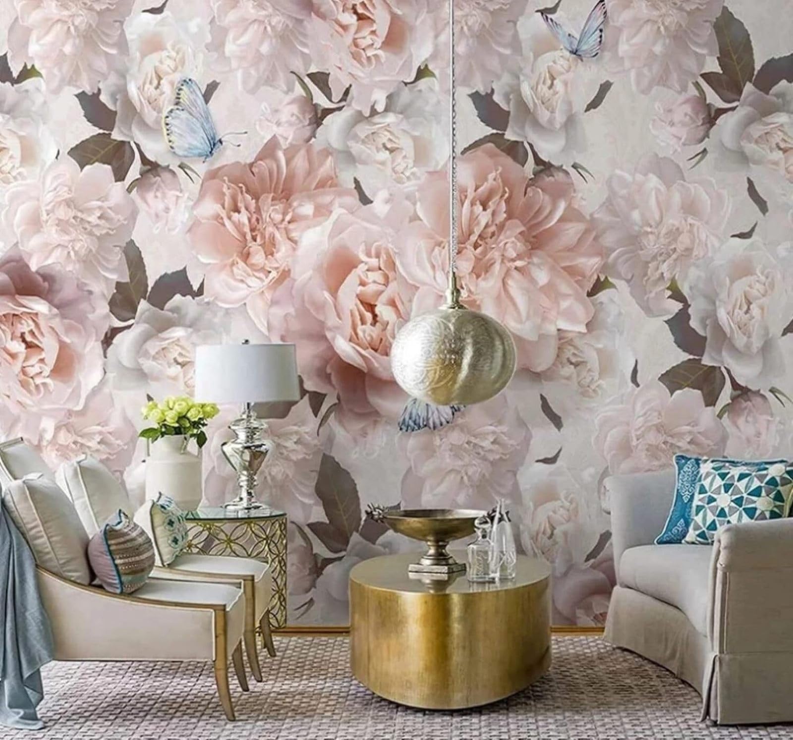 Warm Beautiful Pink Flowers and Butterflies 3D Wallpaper Easy Install Feature Office Living Room Sofa Bedroom TV Background Wall Decoration-250cm×170cm