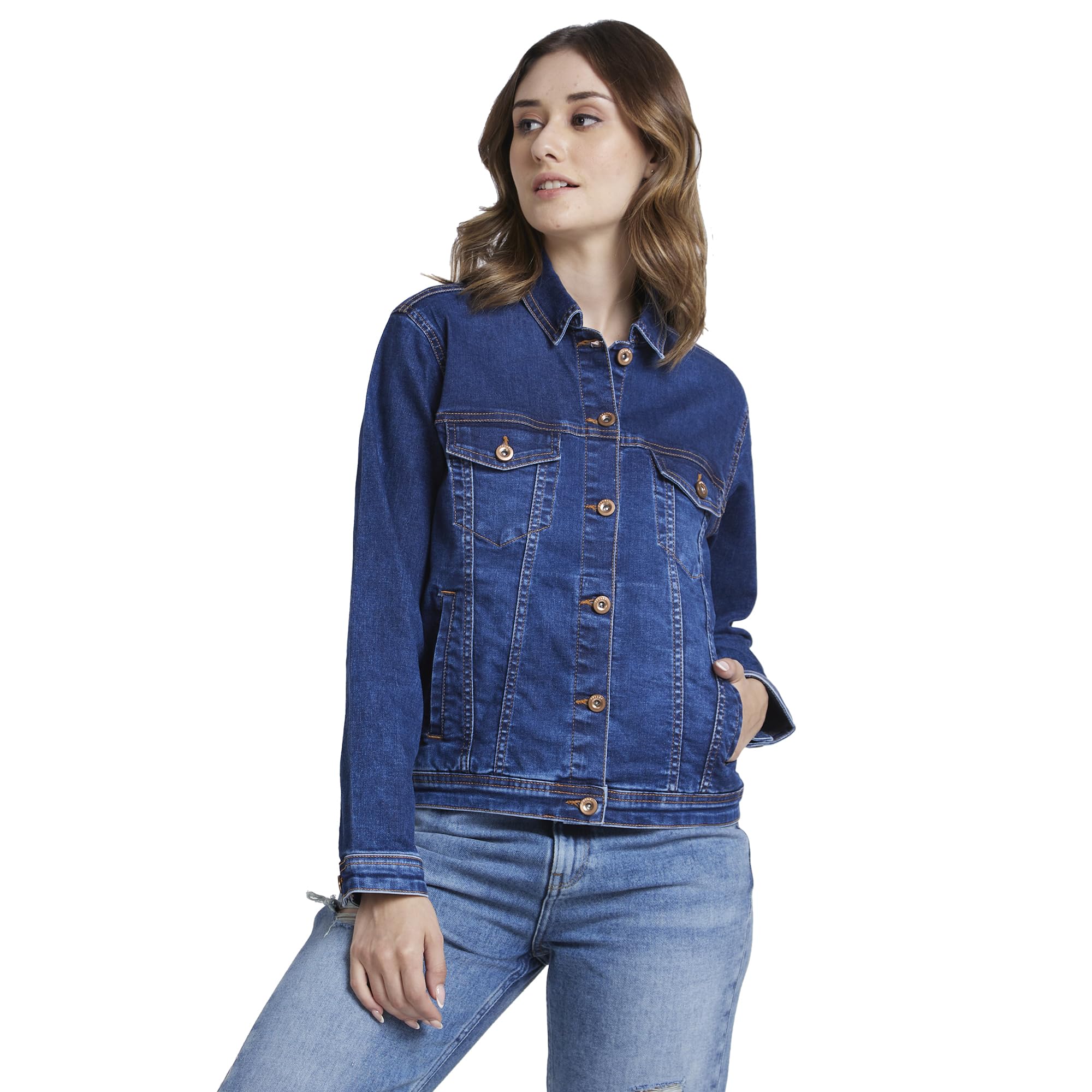 spykar Women Dark Blue Regular Fit Classic Collar Denim Jacket-picture-31