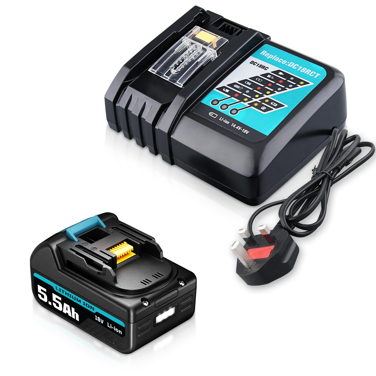 5.5Ah 18V BL1860B Battery Li-ion Replacement for Makita 18V Battery + DC18RC 14.4V-18V 3.0Ah Charger Compatible with Makita Battery BL1850 BL1860 BL1820 with LED Indicator