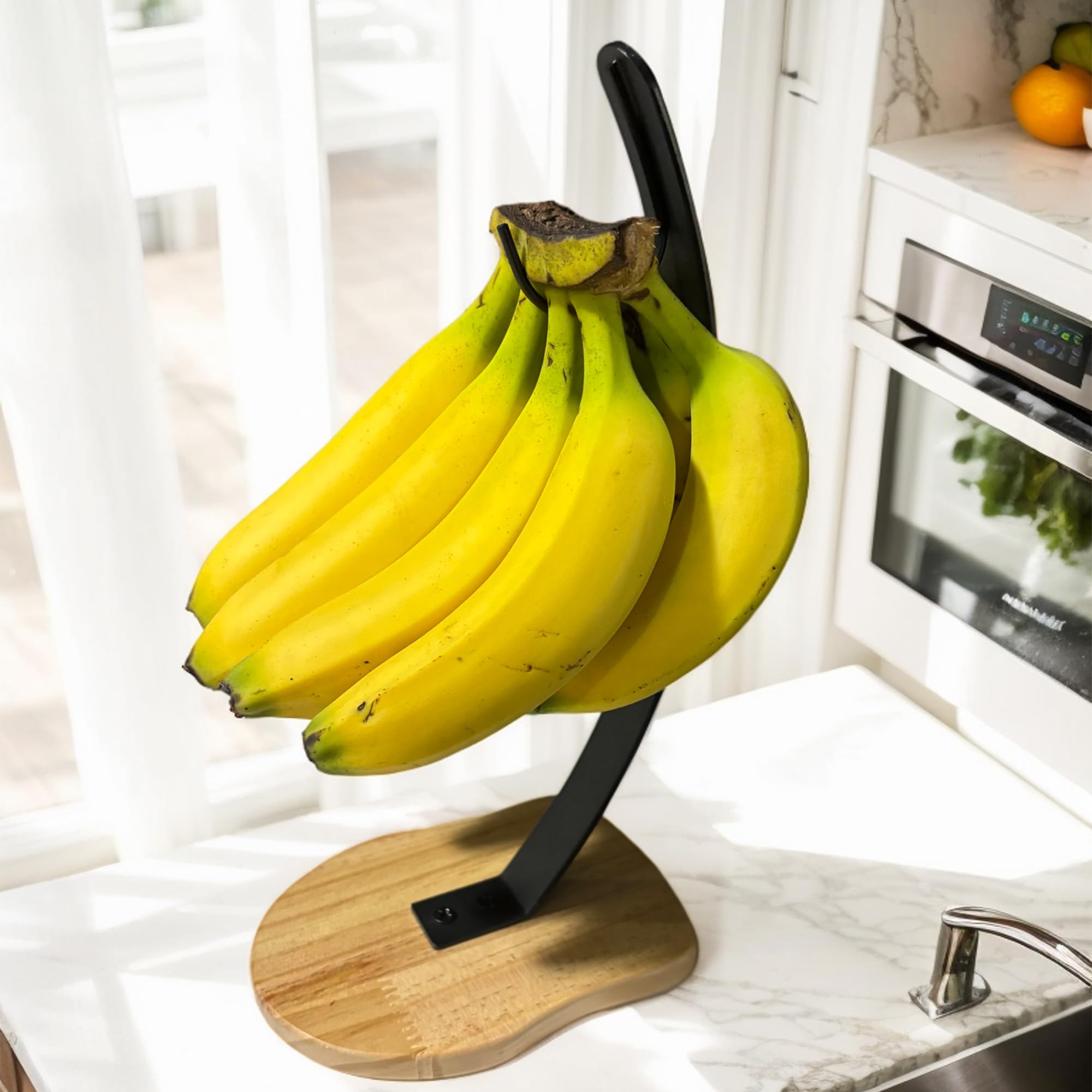 BetLight Moderner Bananenständer mit Herz Holzfuß und Metallhaken, Obsthalter, Schwarz