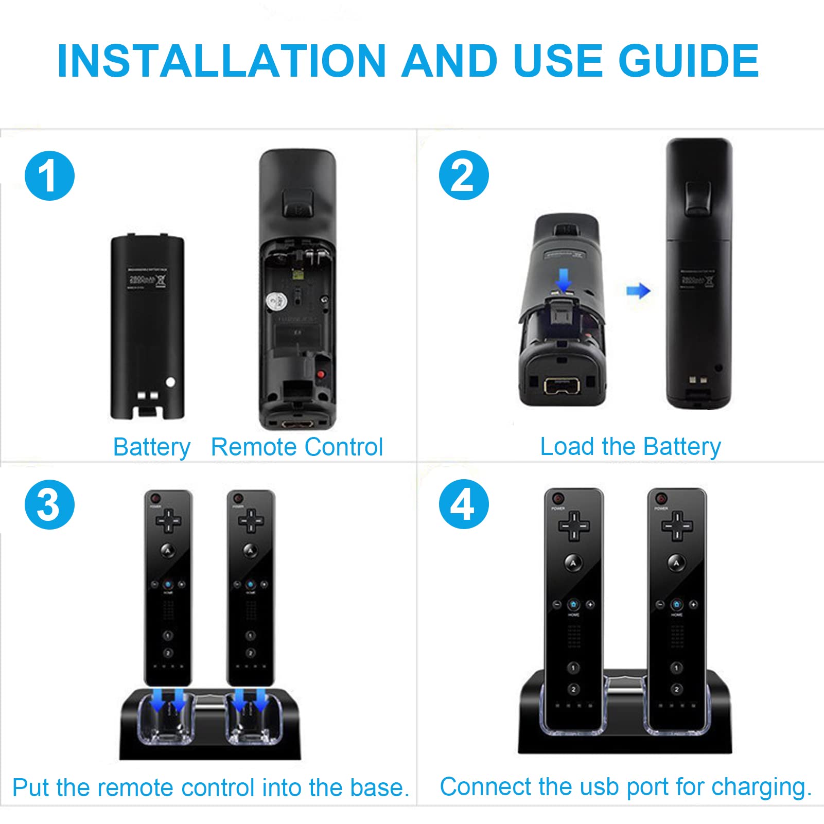Yunseity Doppia Stazione di Ricarica per Telecomando Wii/Wii U, Dock di Ricarica con Batteria Ricaricabile da 2800 mAh(Nero)