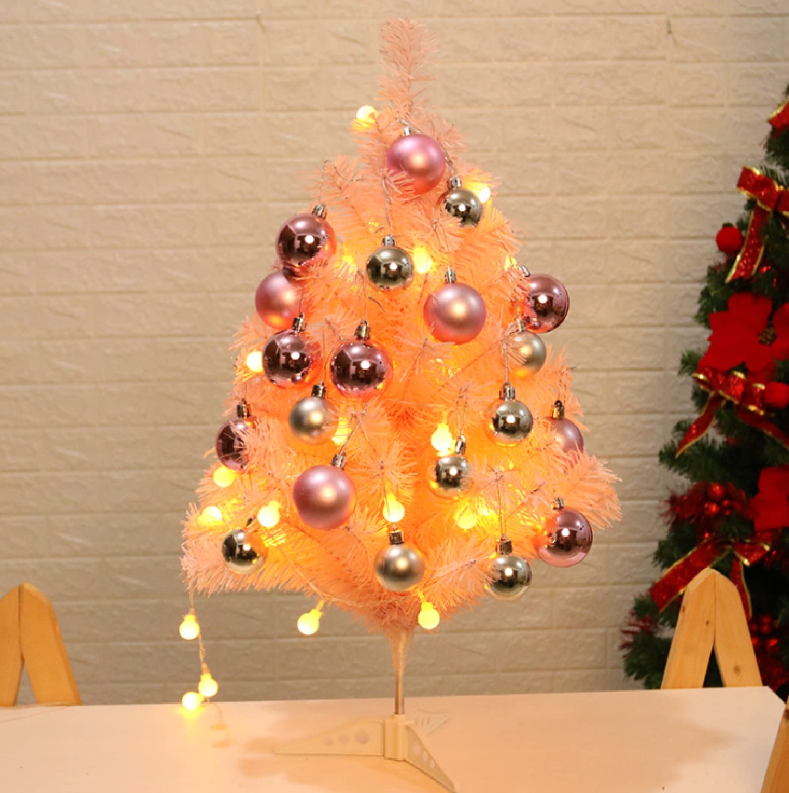 Albero di Natale Pino Ecologico e Ignifugo,Super Folto Abete Natale Artificiale,Piccolo Albero di Natale Rosa, Mini Decorazione da Tavolo,Rosa,60CM