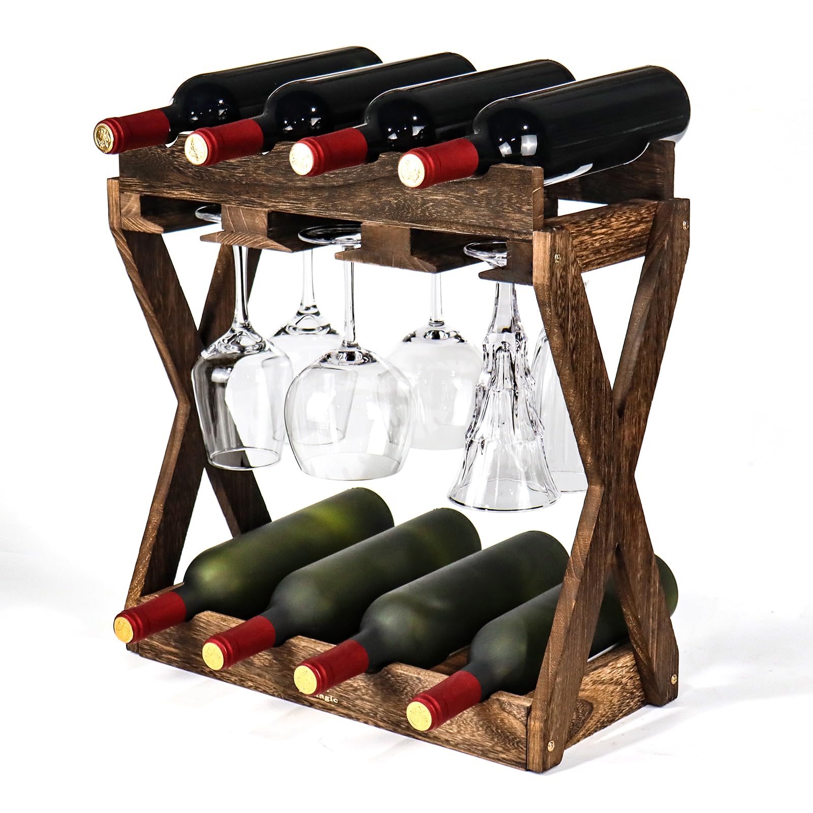 3-IN-1 Countertop Wine Rack with Glass Holder – Store 8 Bottles, 6 Stemware Glasses and Wine Tools | Durable Wooden Wine Bottle Holder | Elegant Home