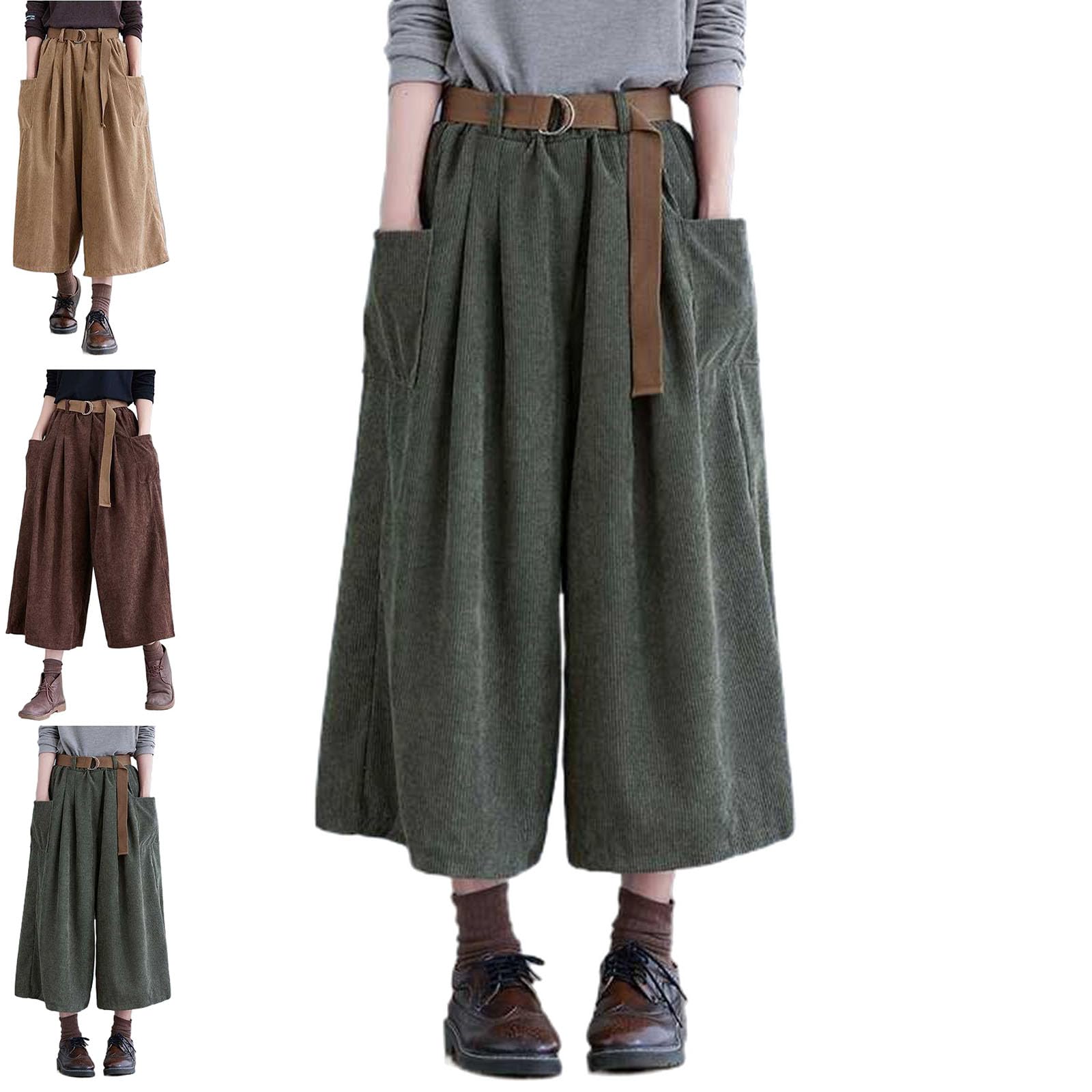 Pantalon Large Taille Haute élastique pour Femme, Pantalon Ample en Velours côtelé avec Ceinture pour l'automne et l'hiver